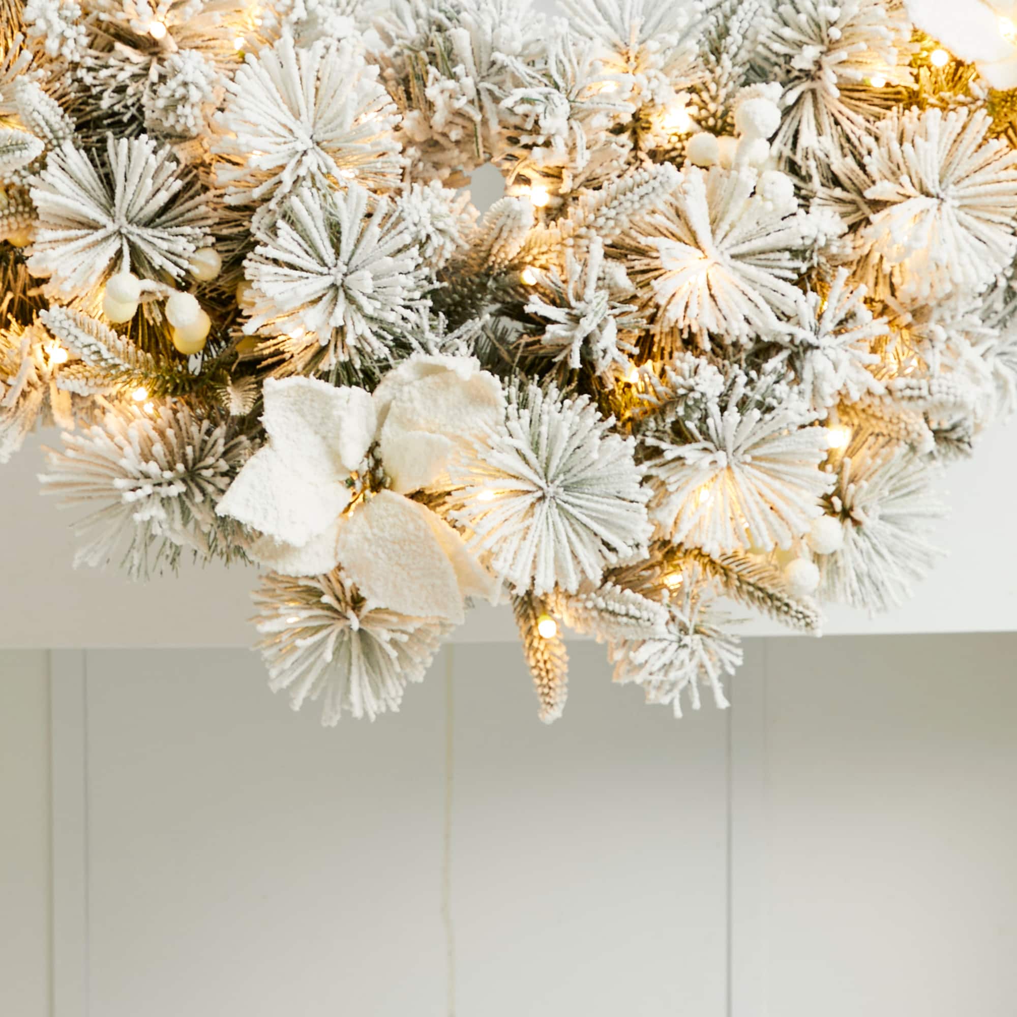 Glitzhome® 36" Pre-Lit Flocked Greenery Pine White Poinsettia & Berry Christmas Swag with Timer