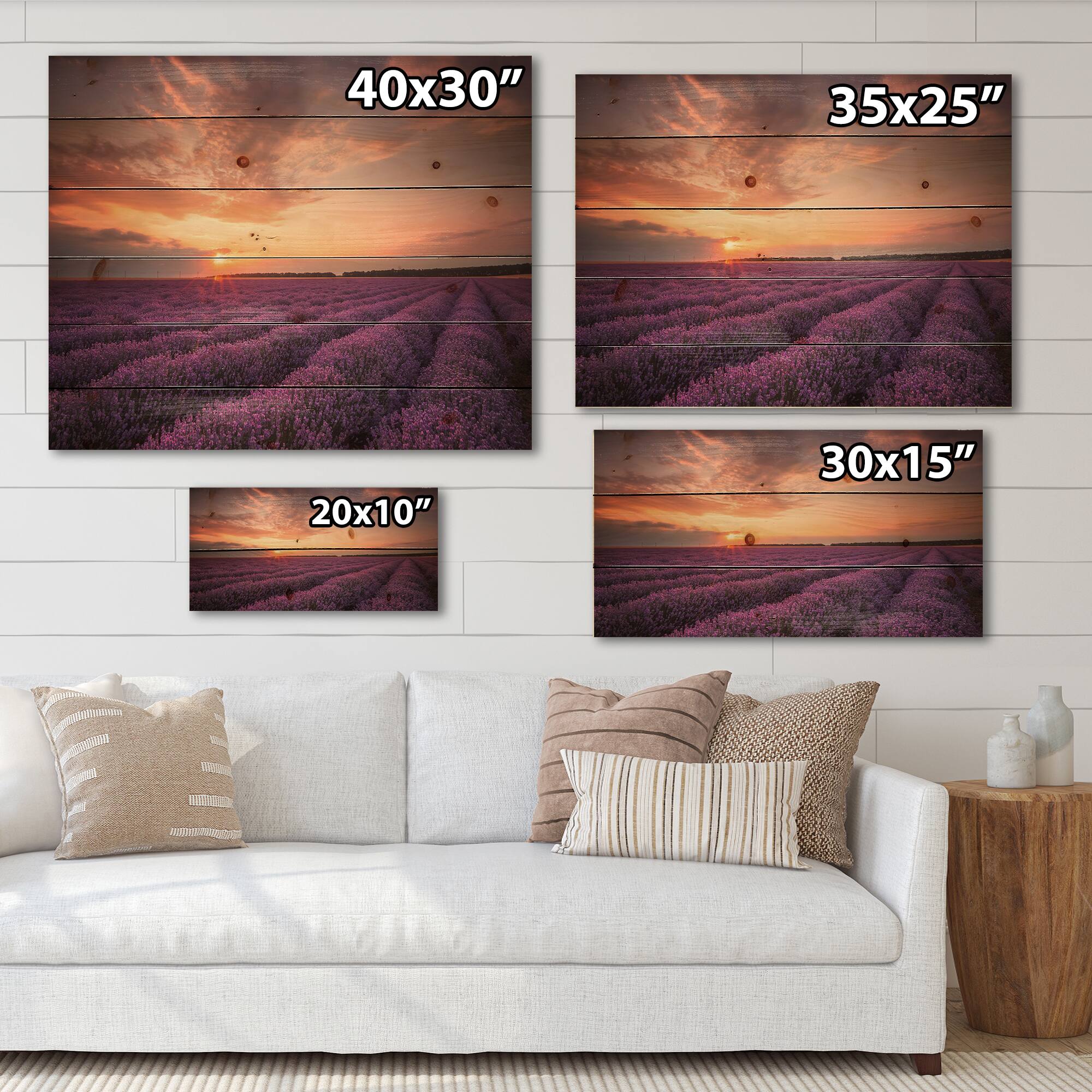 Designart - Sunrise &#x26; Dramatic Clouds Over Lavender Field XII - Farmhouse Print on Natural Pine Wood