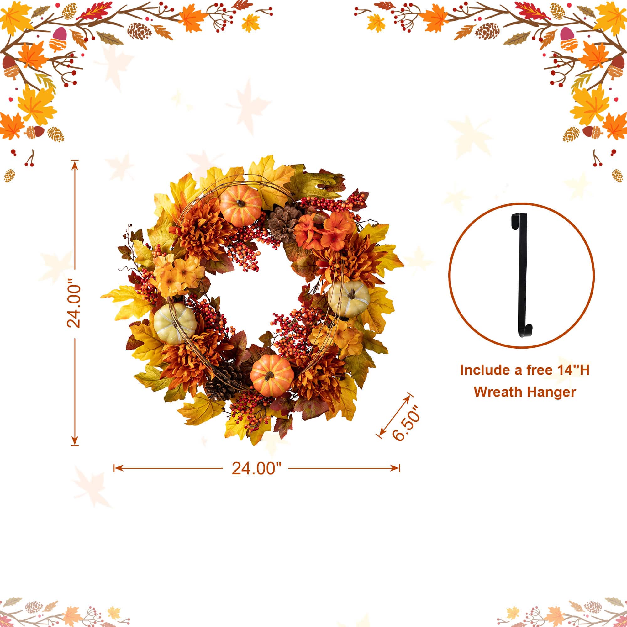 Glitzhome&#xAE; 24&#x22; Fall Dahlia, Pumpkin, Leaf &#x26; Berry Wreath