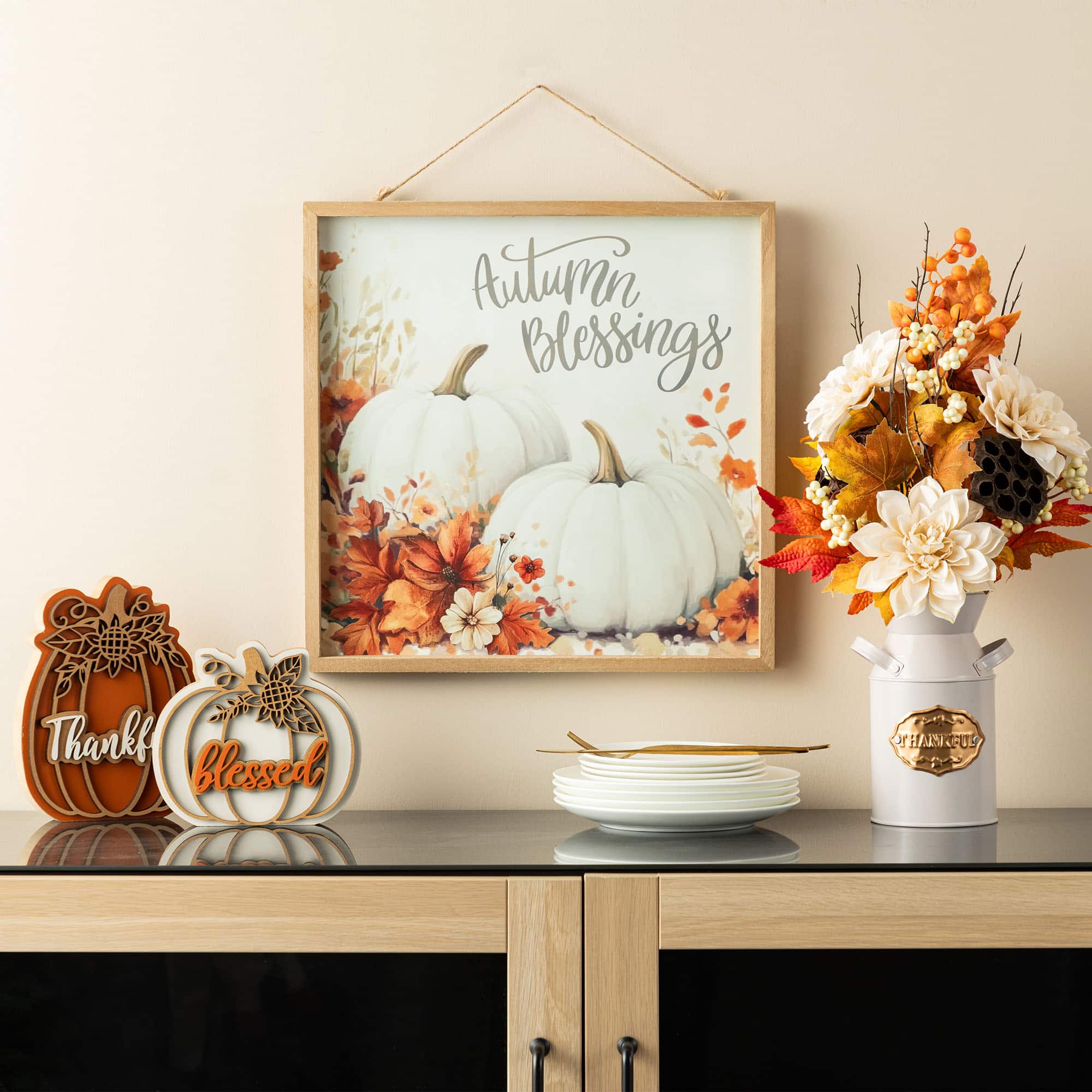 Glitzhome&#xAE; 15.75&#x22; Fall Wooden Ivory Pumpkin Wall Art