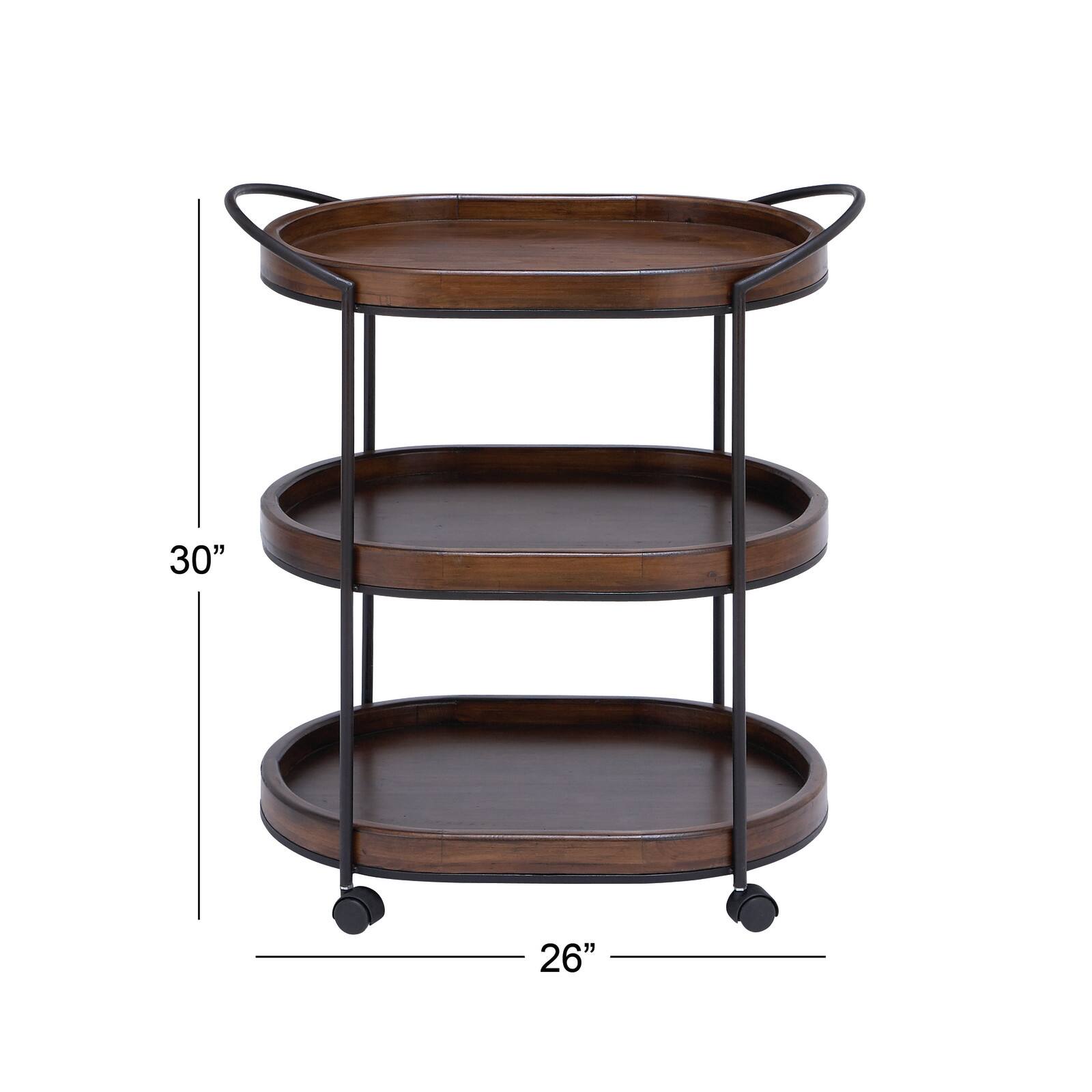 3-Tier Brown Pine &#x26; Metal Traditional Bar Cart