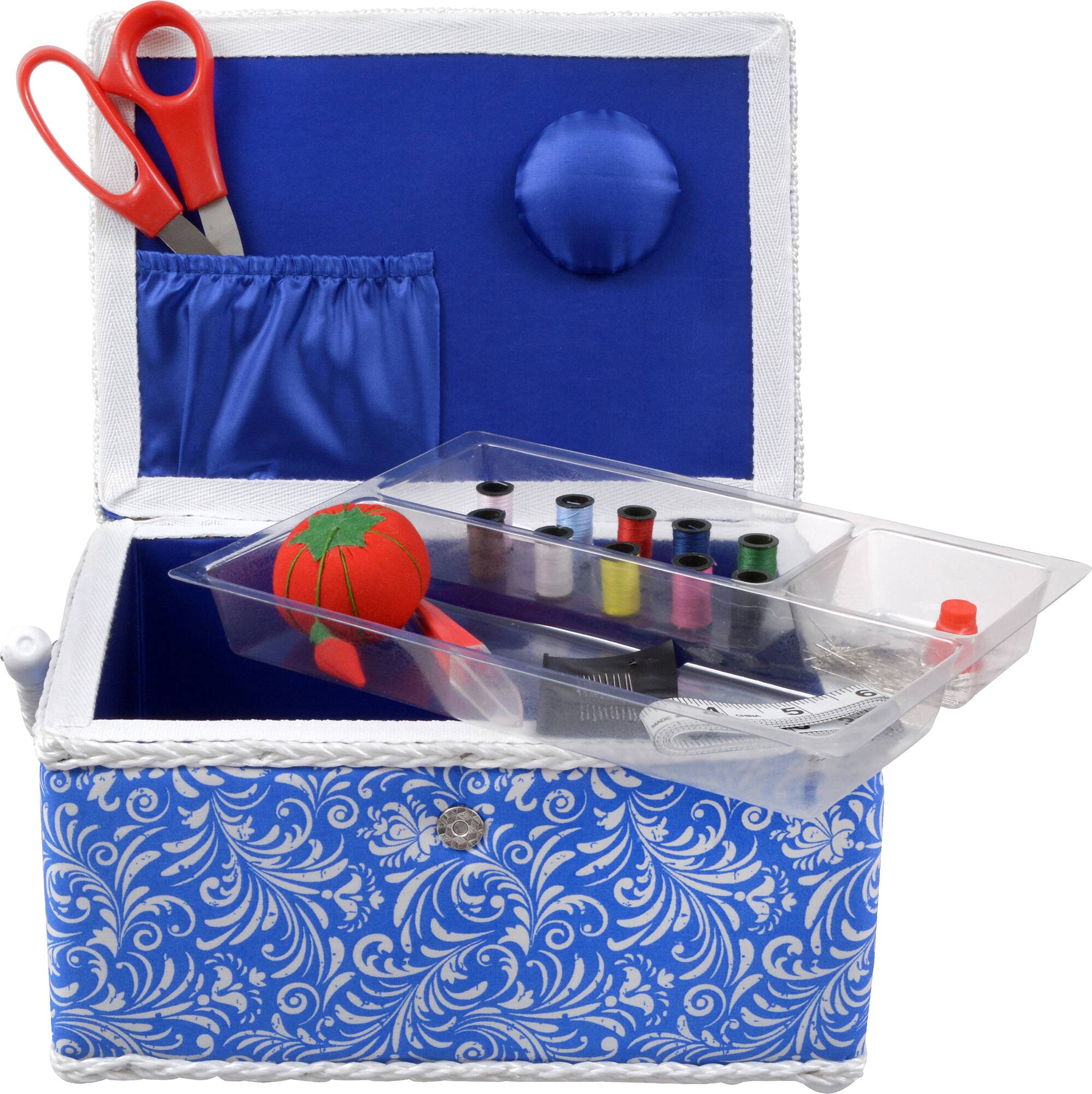 SINGER® Large Blue Deliah Scroll Print Sewing Basket with Sewing Scissors & Notions
