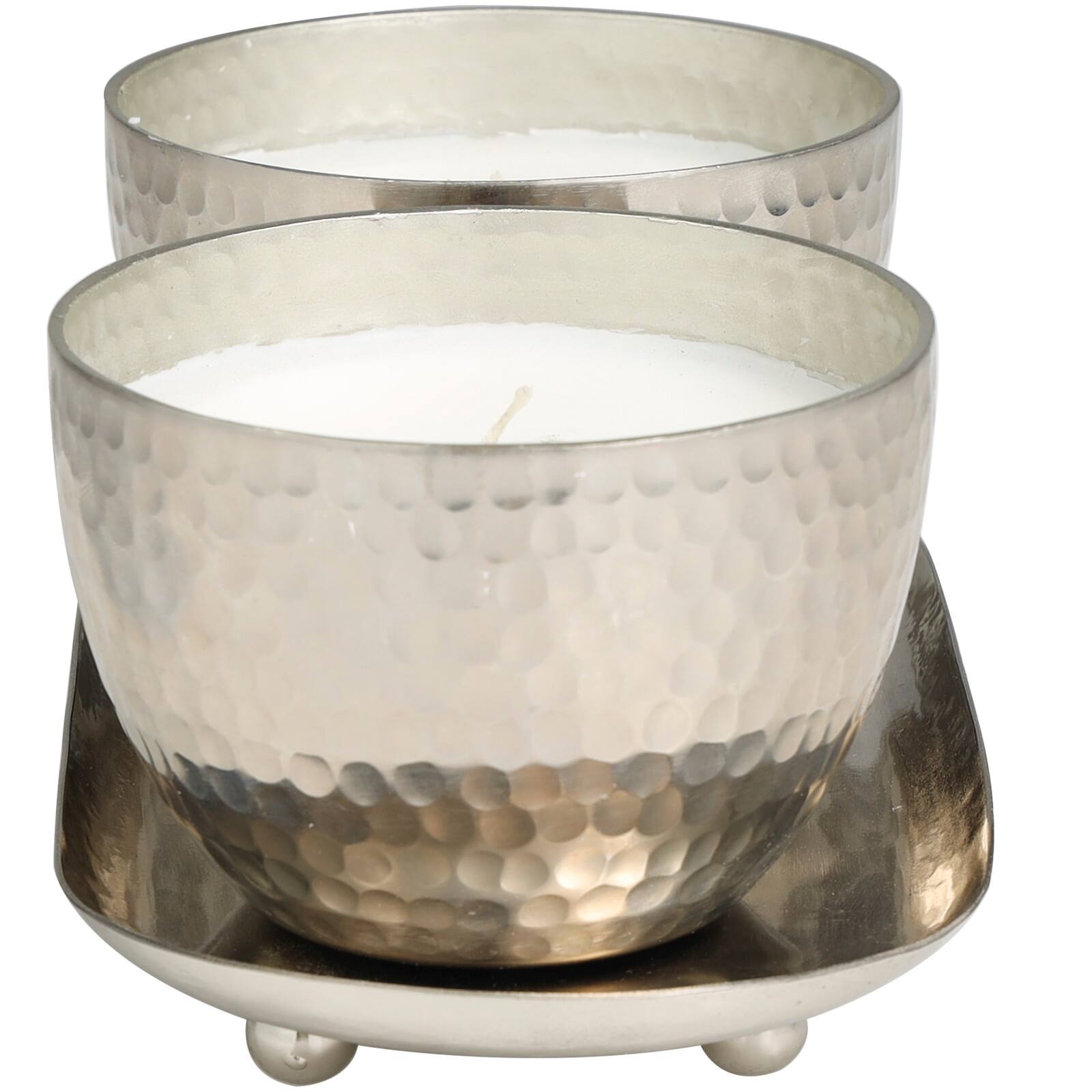 Sweet Bamboo Scented Candles in Silver Hammered Bowls Set