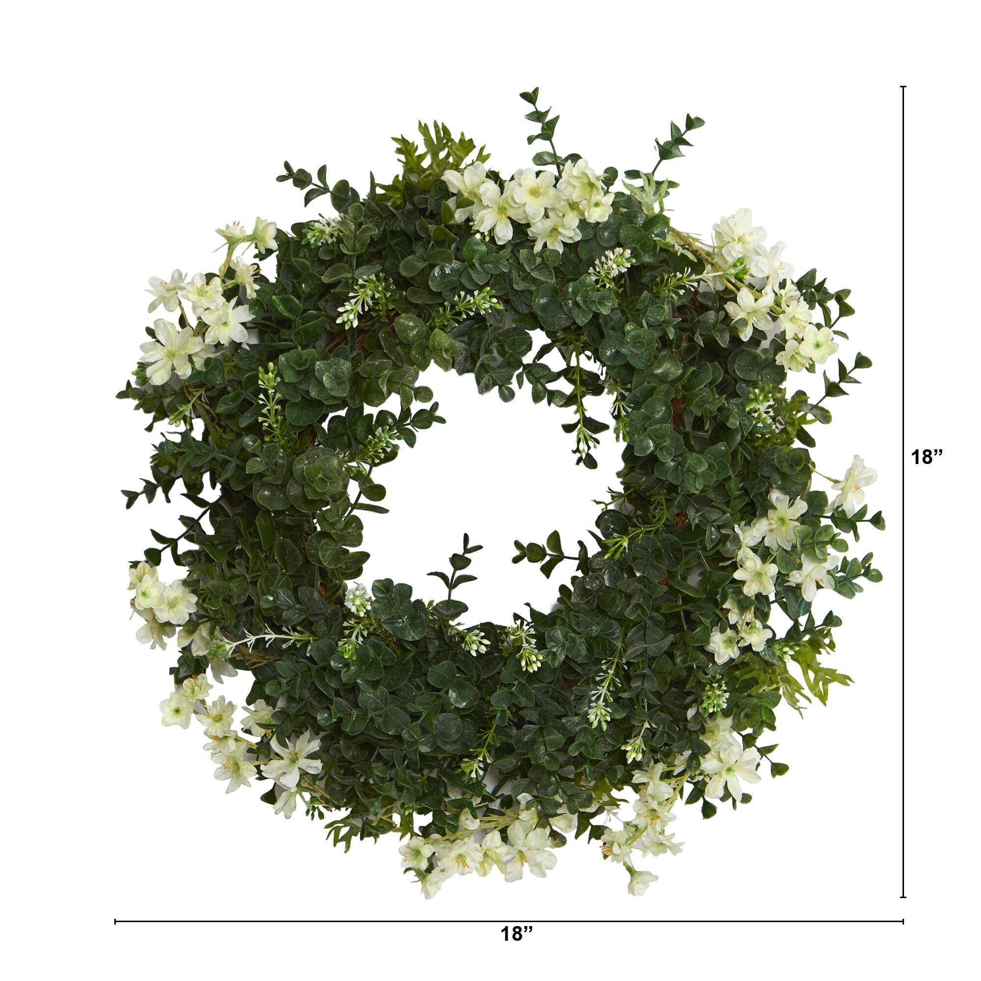 18&#x22; Eucalyptus &#x26; Dancing Daisy Double Ring Artificial Wreath With Twig Base