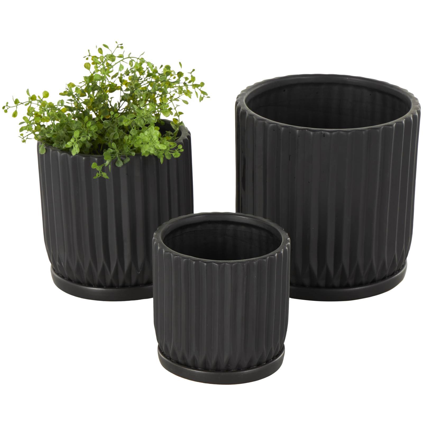 Black Ribbed Textured Ceramic Planter Set