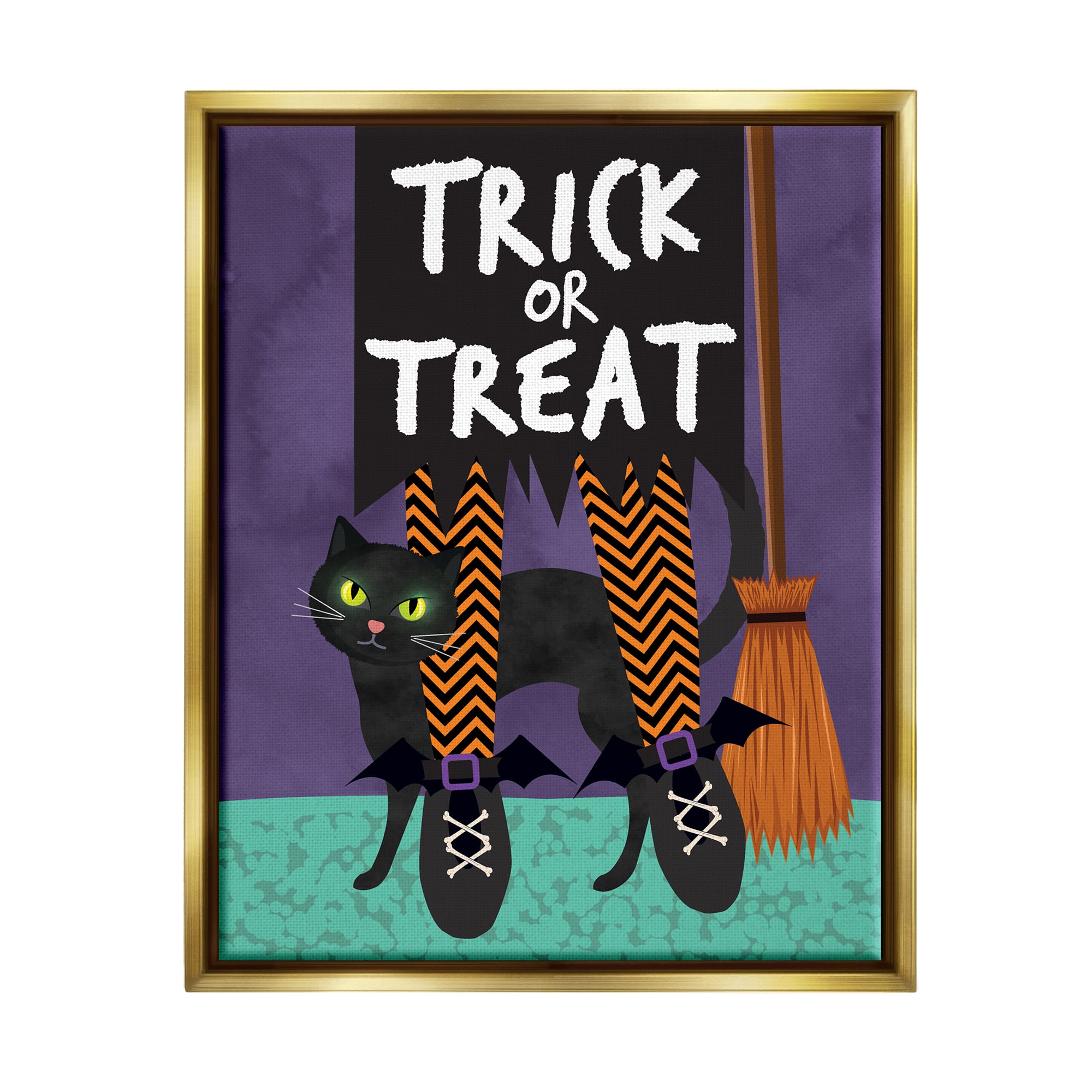 Stupell Industries Trick or Treat Cat &#x26; Witch Framed Floater Canvas Wall Art