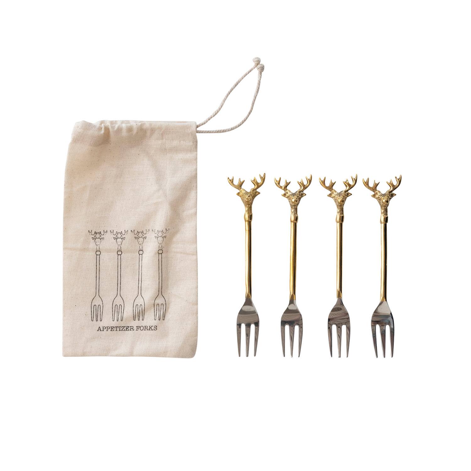 Hello Honey® Gold Reindeer Handle Stainless Steel & Brass Fork Set