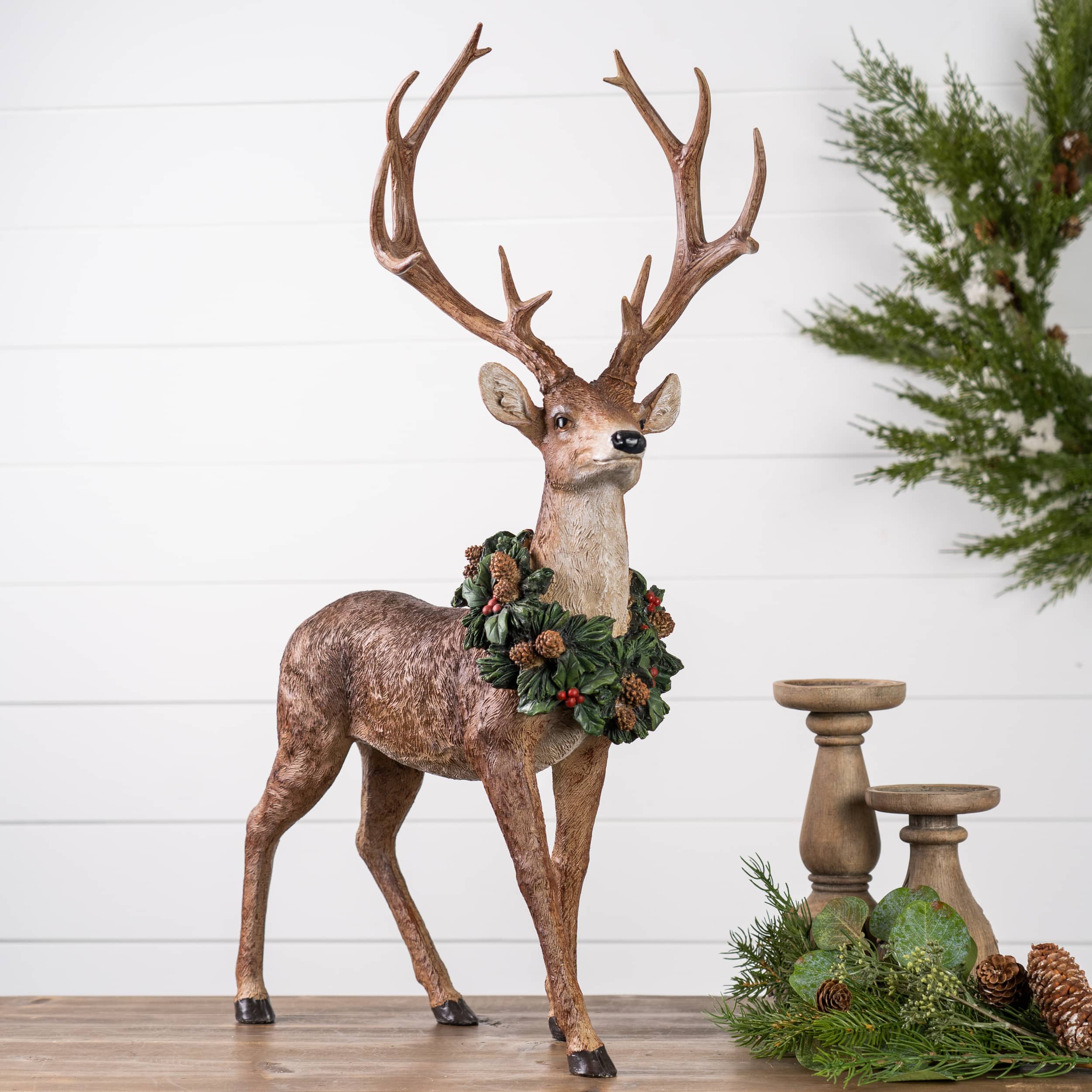 Deer with Wreath Figurine Set, 28&#x22; &#x26; 28.5&#x22;