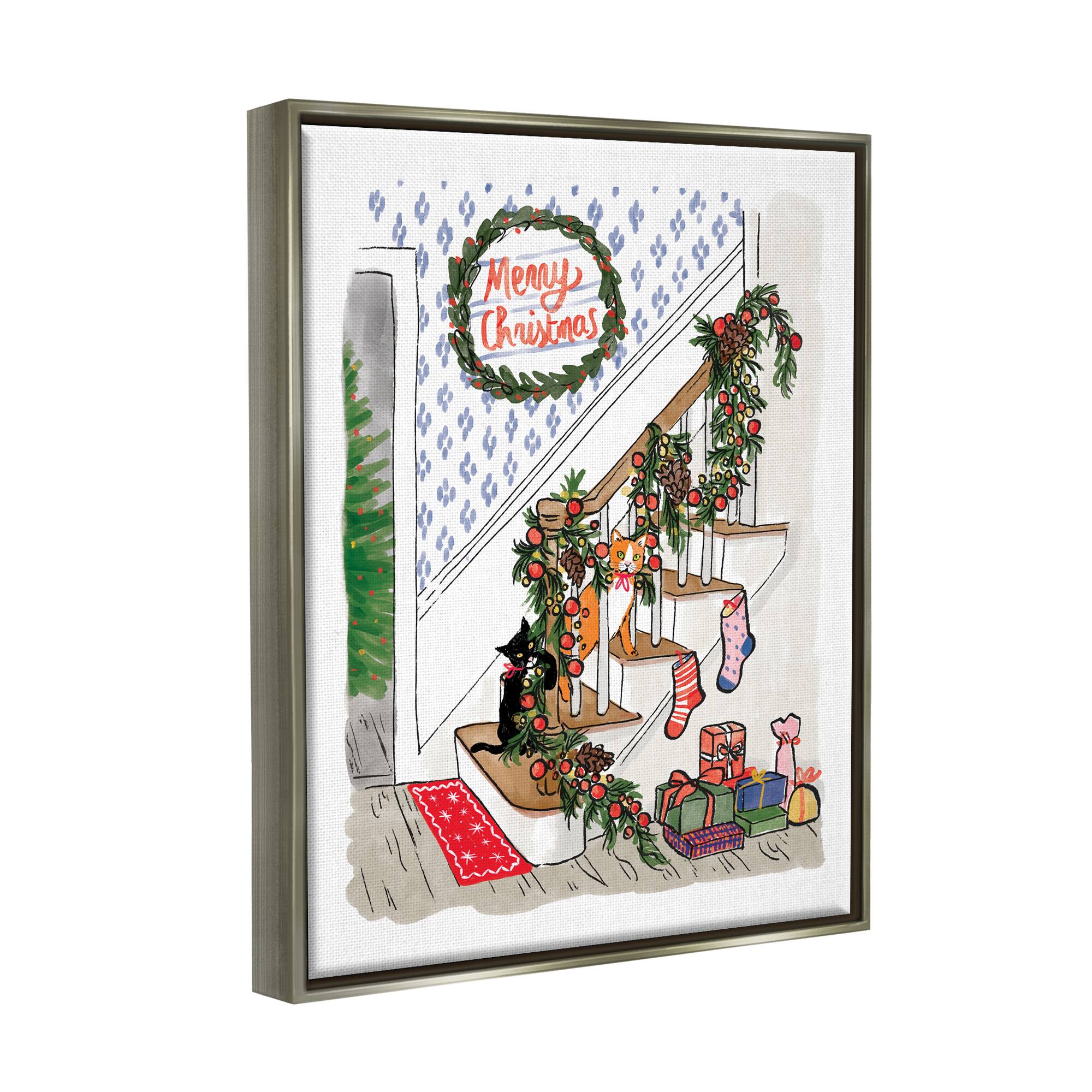 Stupell Industries Merry Christmas Holiday Stairway Framed Floater Canvas Wall Art