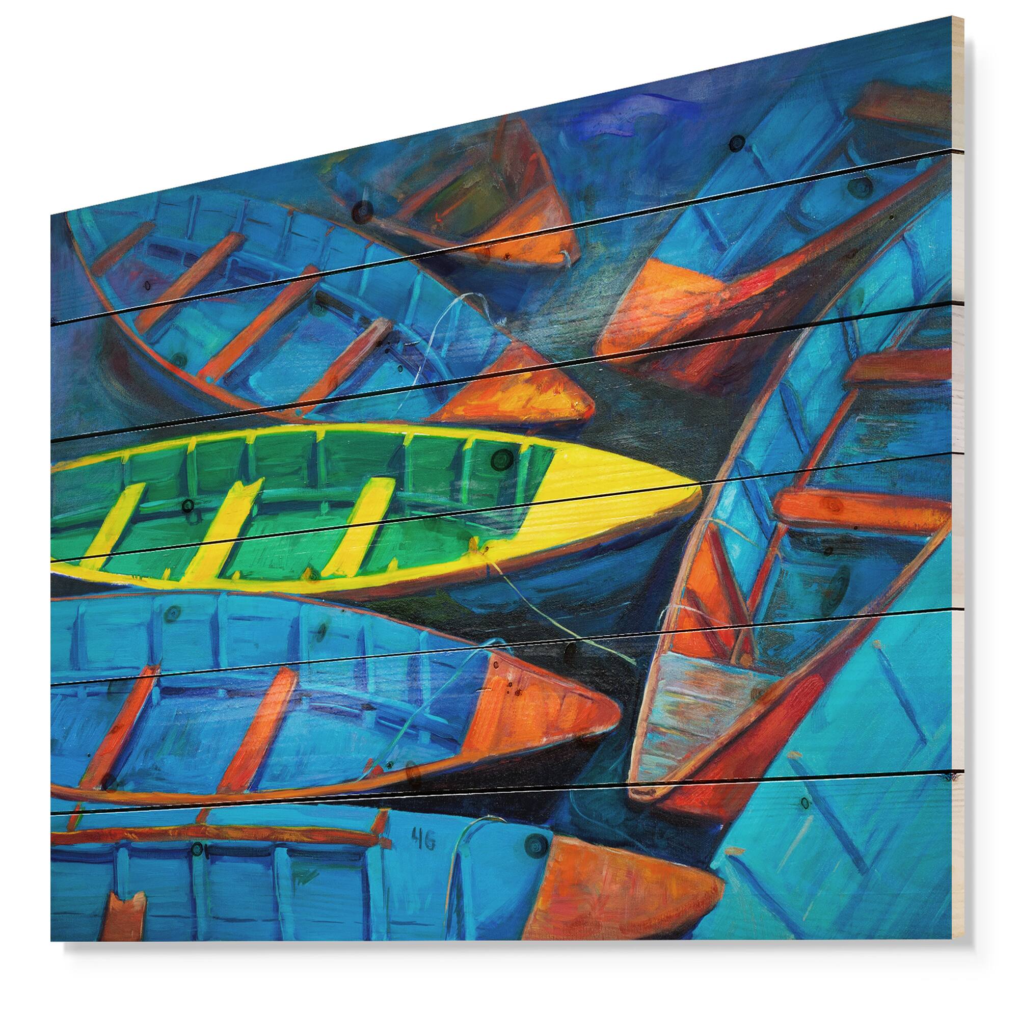 Designart - Colorful Boats and Jetty - Nautical Painting Print on Natural Pine Wood