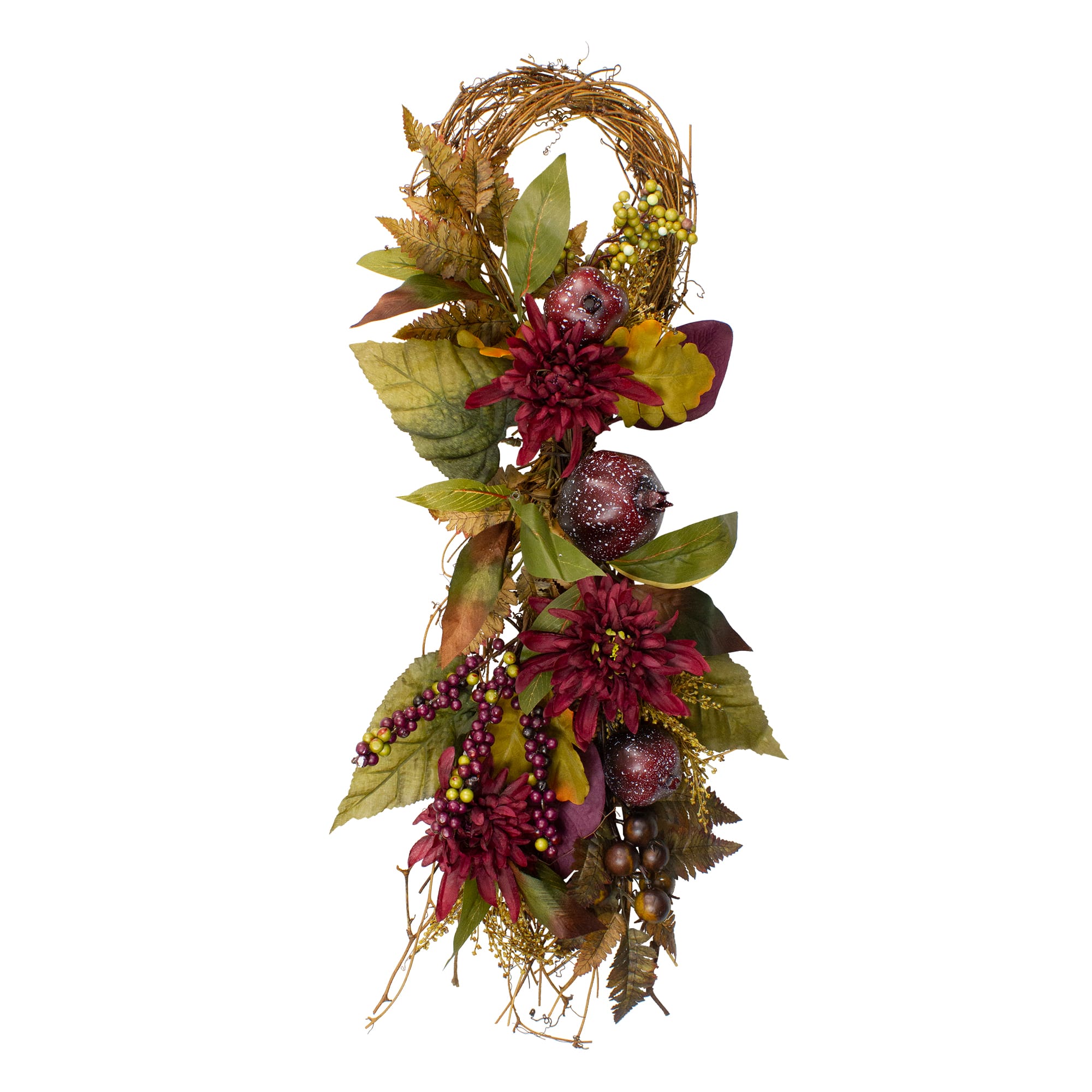 2.3ft. Autumn Harvest Mums with Pomegranate Autumn Grapevine Teardrop Swag