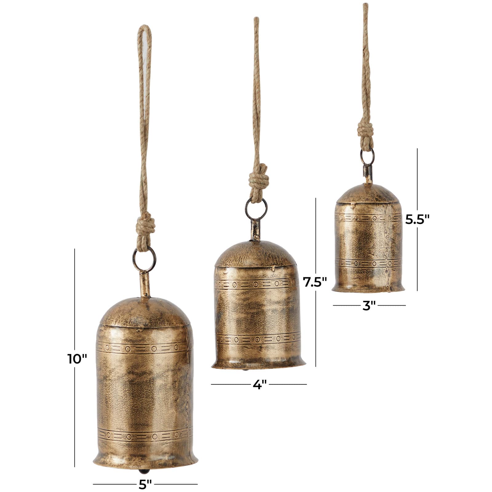 Gold Metal Bohemian Decorative Cow Bell, Set of 3&#x22; 12&#x22;, 11&#x22;, 9&#x22;