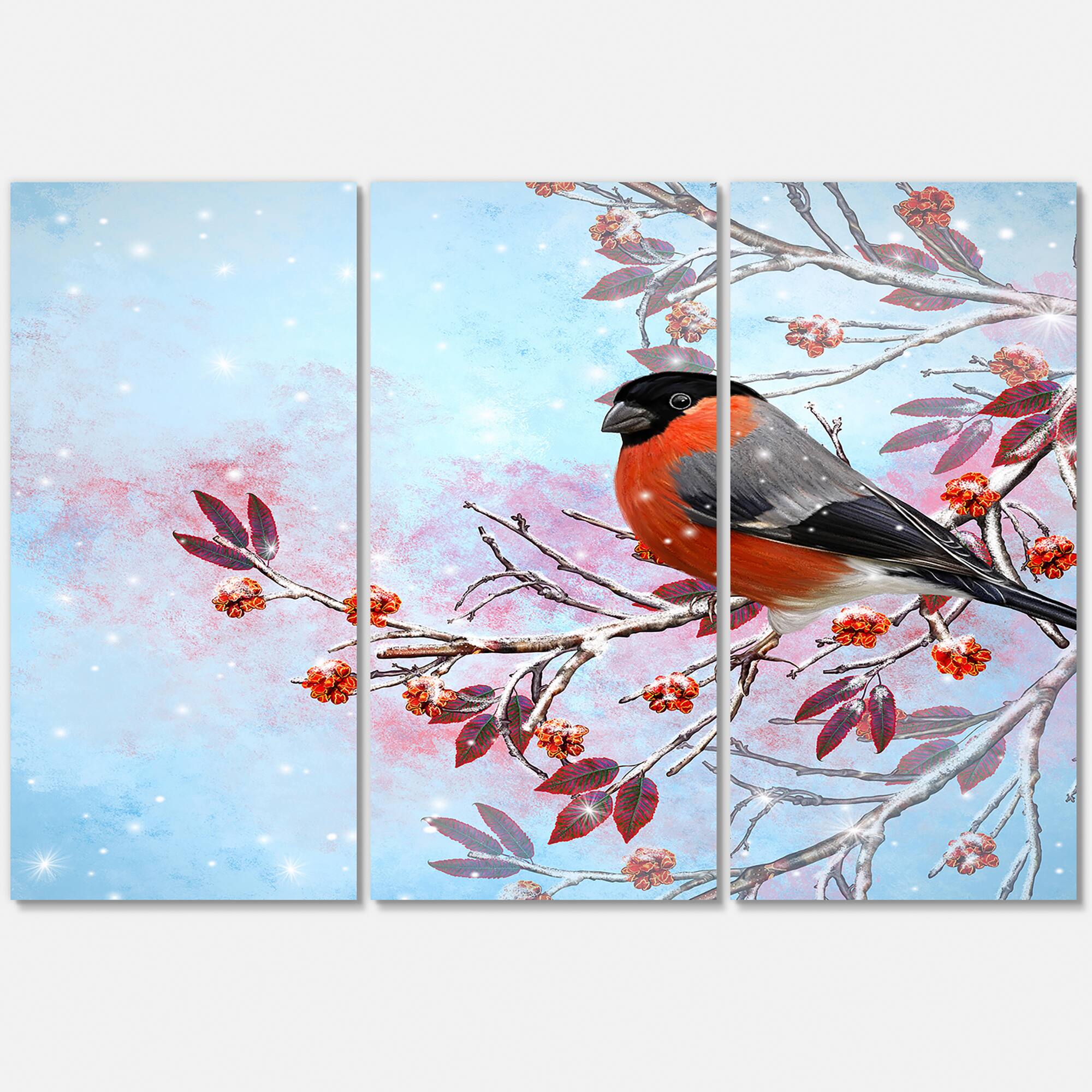 Designart - Two Bright Bird Bullfinch Bird Sitting On A Branch - Traditional Canvas Wall Art Print