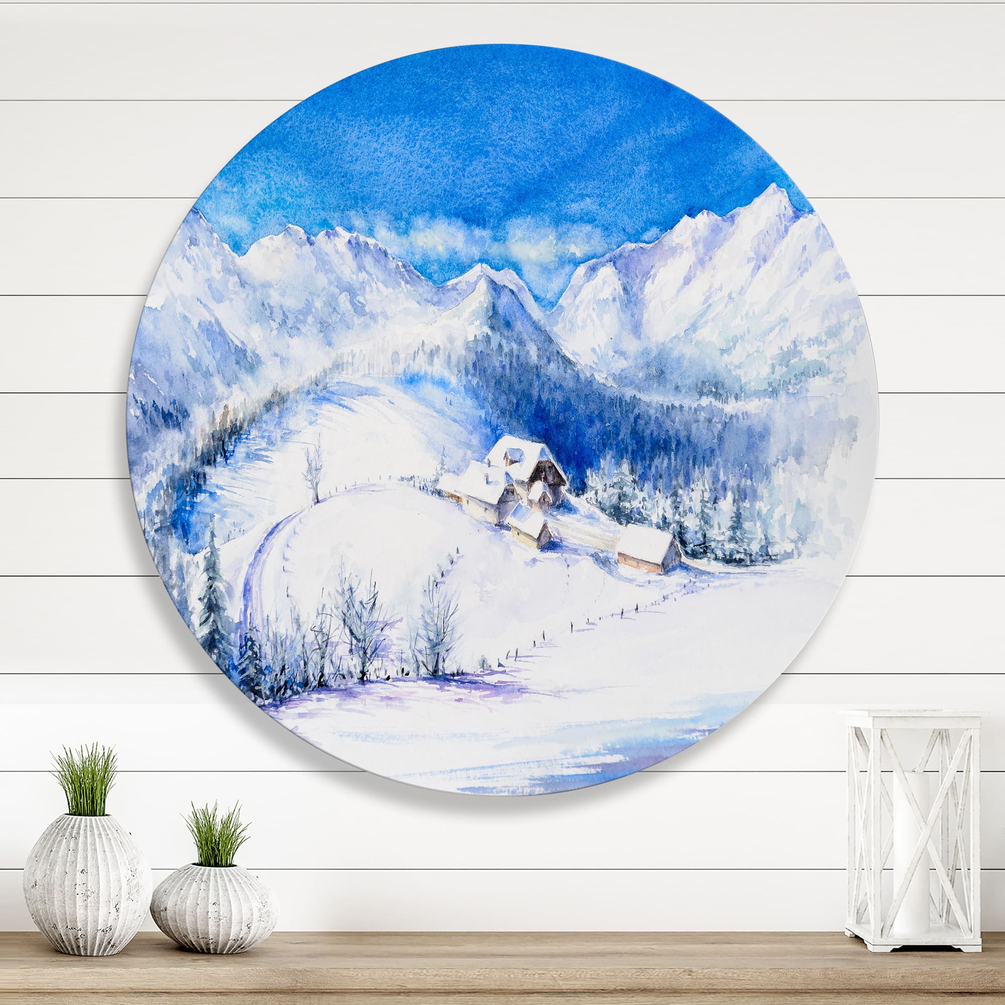Designart - Winter Mountain Landscape With Wooden House - Traditional Metal Circle Wall Art