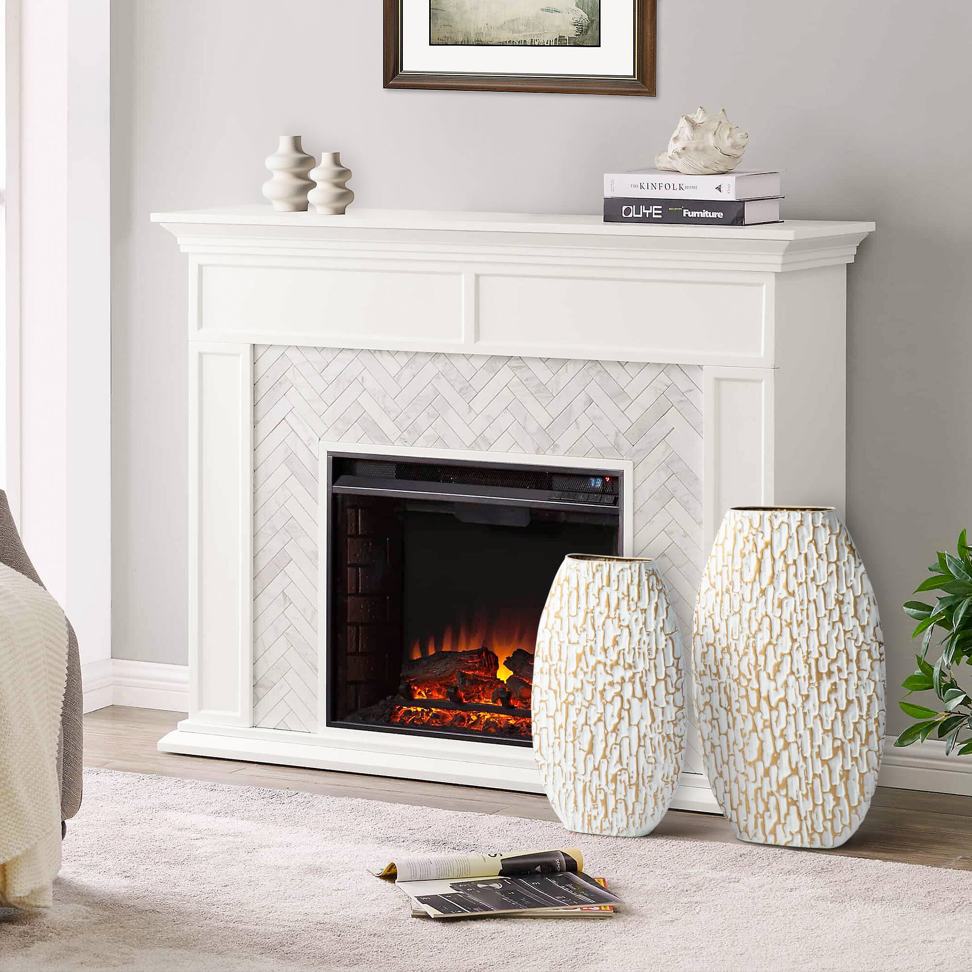 Glitzhome&#xAE; Gold &#x26; White Oval Textured Metal Floor Vases Set