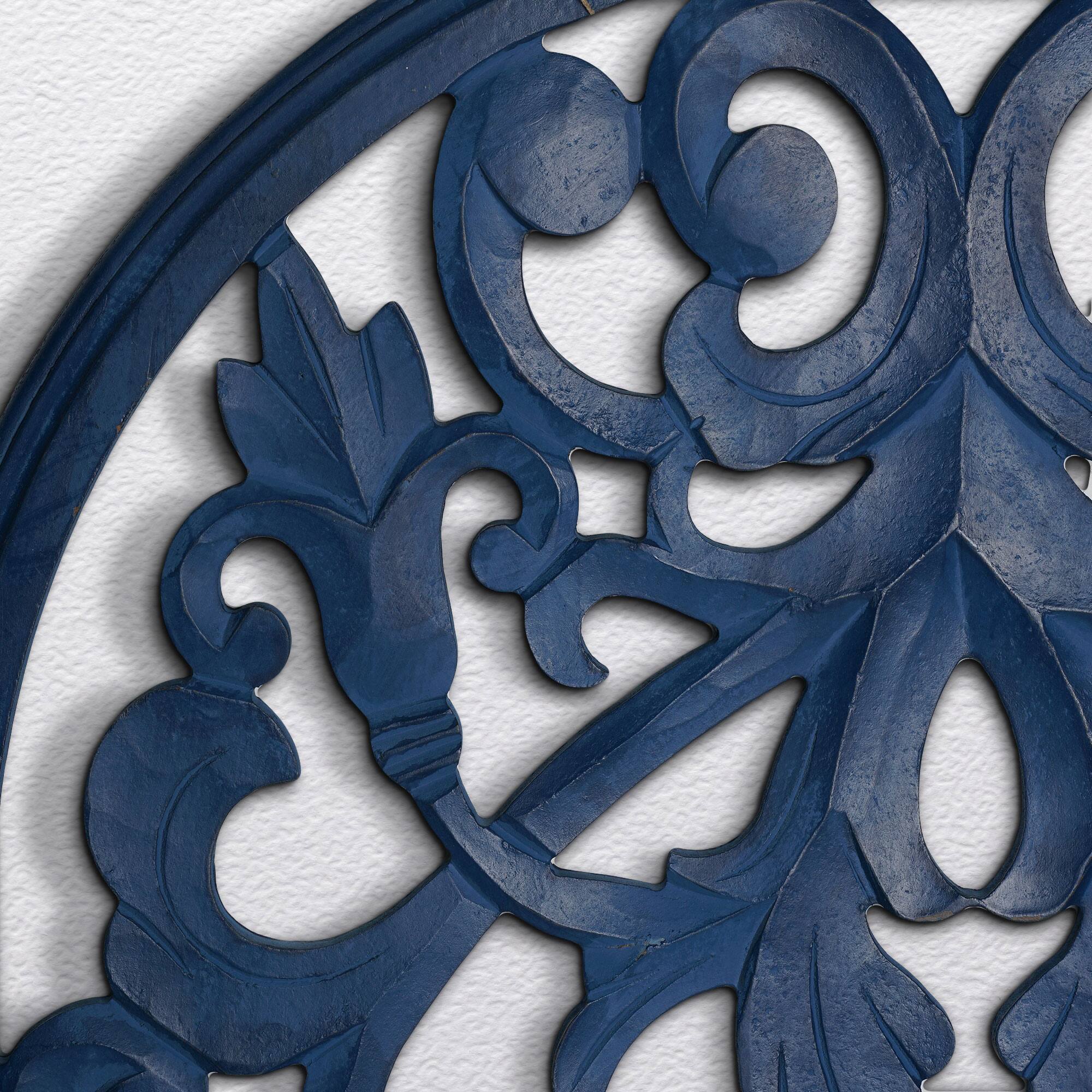 American Art D&#xE9;cor&#x2122; 36&#x22; Hand-Carved Arched Navy Blue Wood Wall Accent Medallion