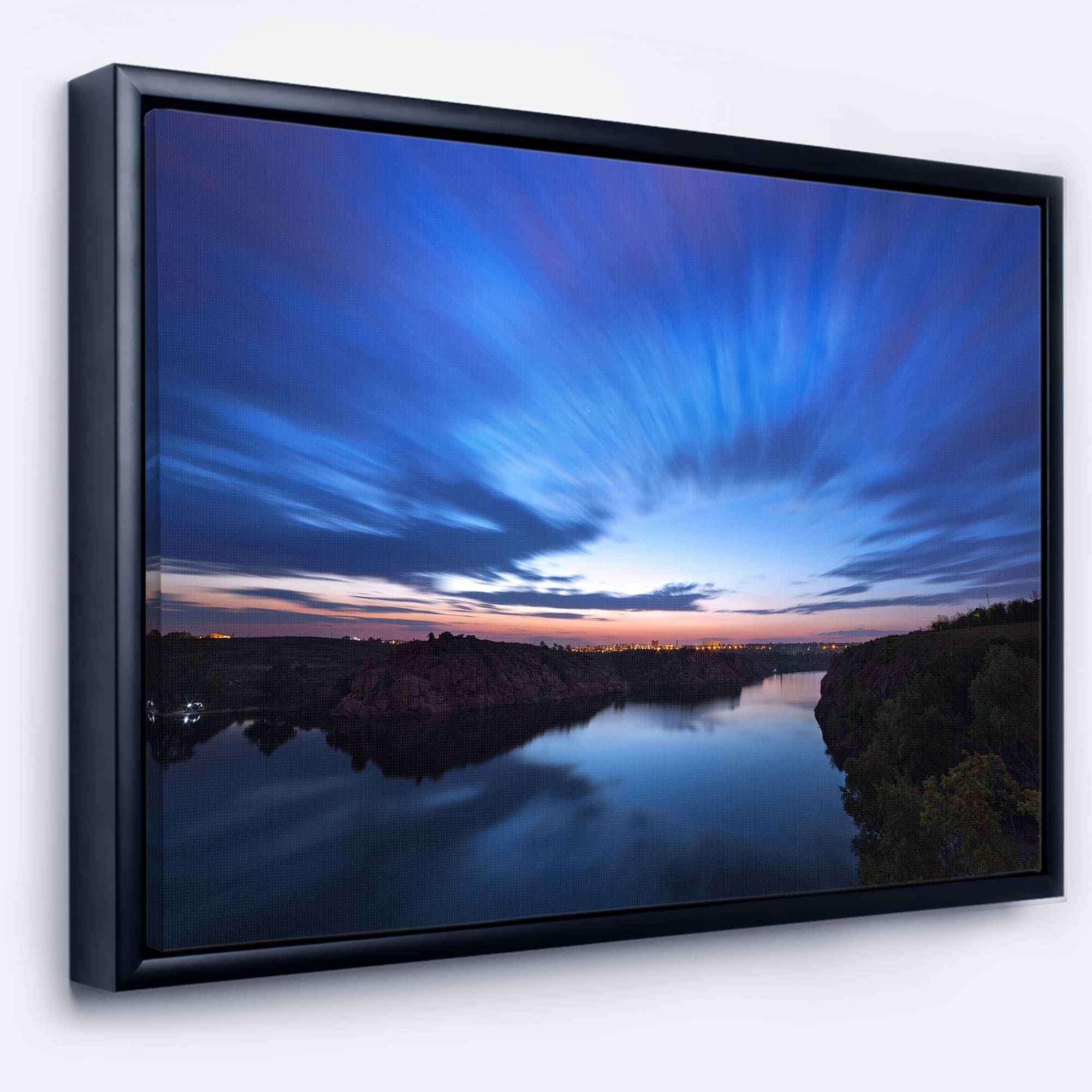 Designart - Blue Night Sky with River - Landscape Photo Canvas Art Print in Black Frame