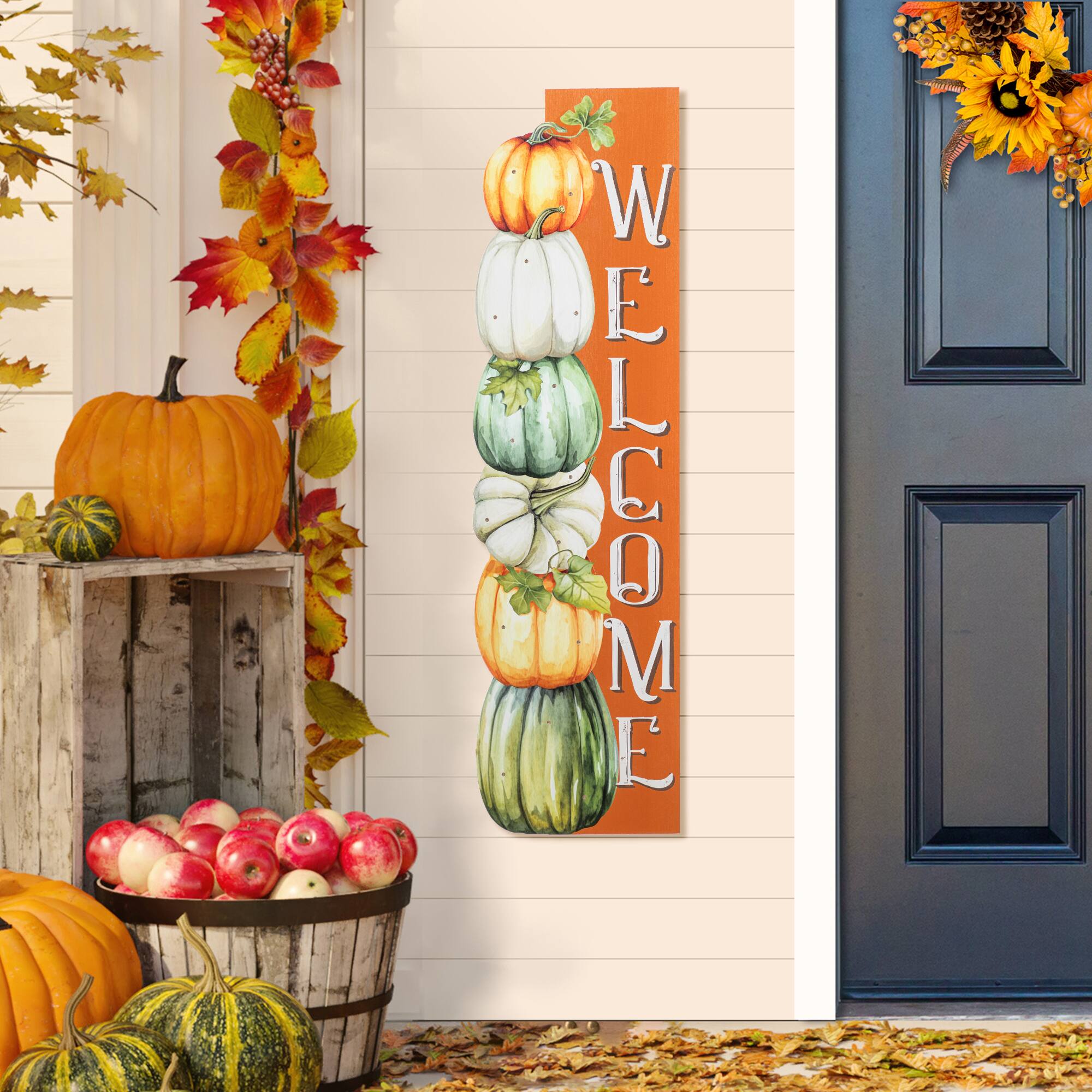Glitzhome® 42" Lighted Fall Wood Stacked Pumpkins Welcome Porch Sign with Timer