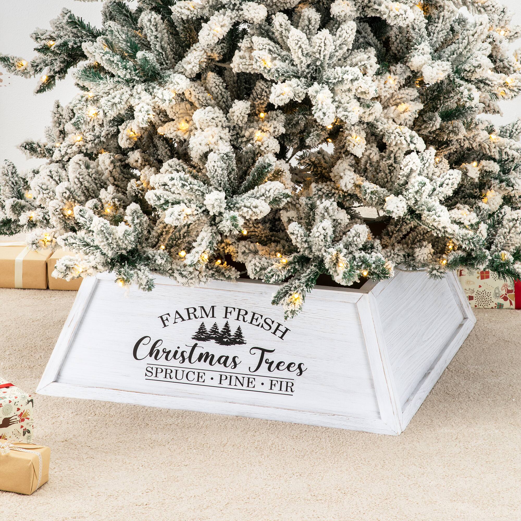 Glitzhome&#xAE; White 26&#x22; Farm Fresh Christmas Trees Wooden Trapezoid Tree Collar