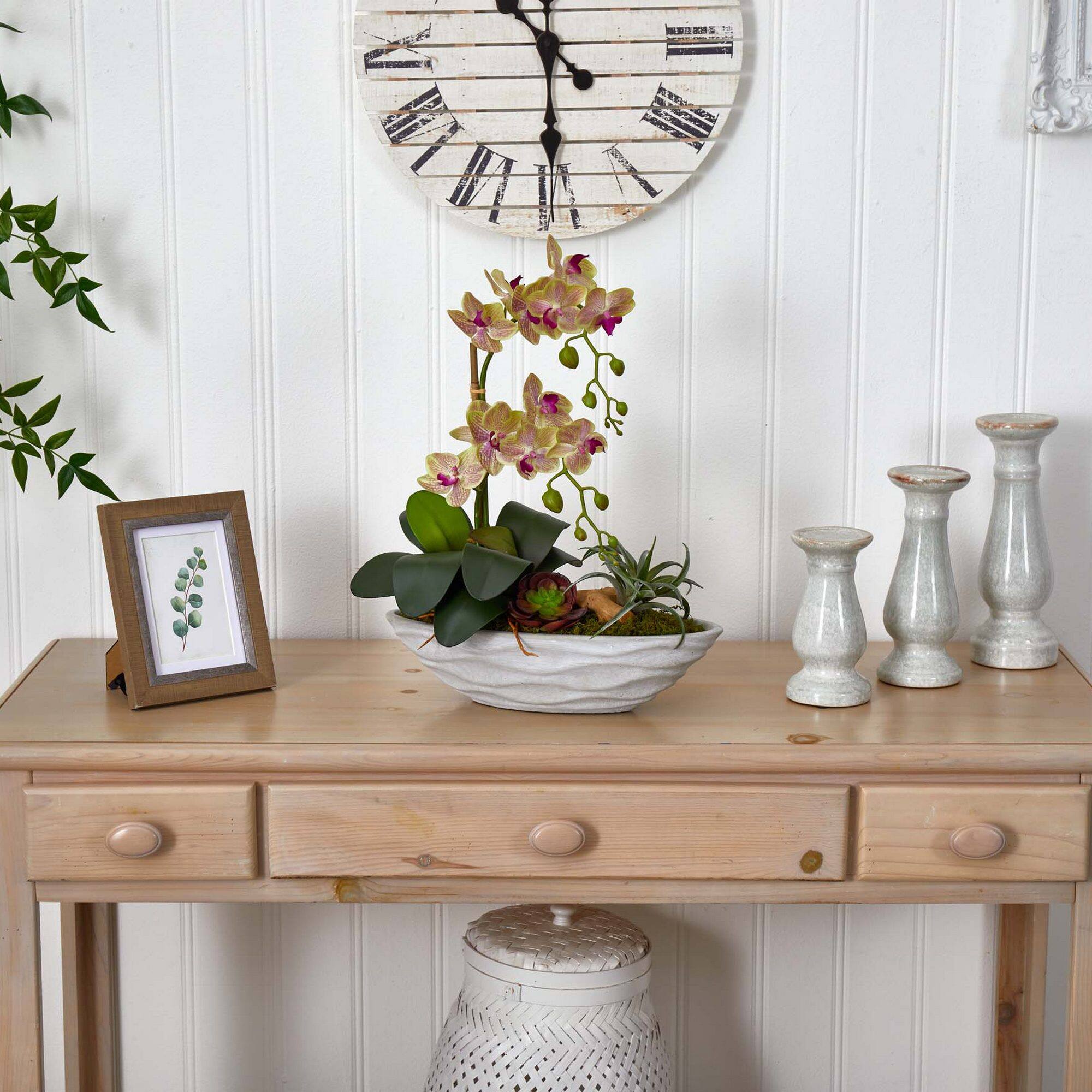 Phalaenopsis Orchid and Succulent Artificial Arrangement in White Vase