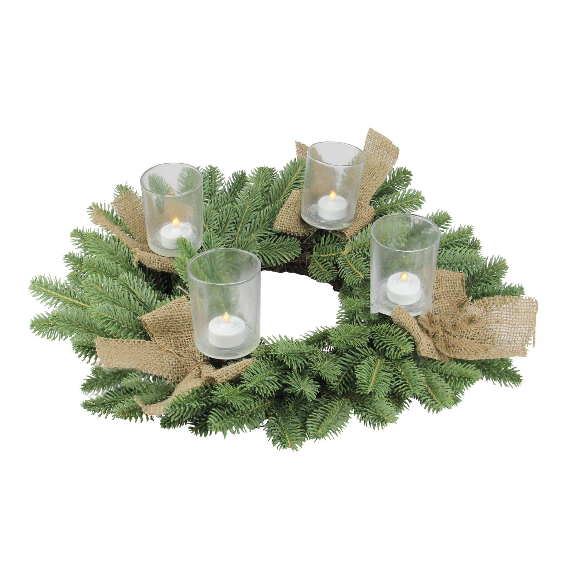 21&#x22; Artificial Pine &#x26; Burlap Votive Candle Holder