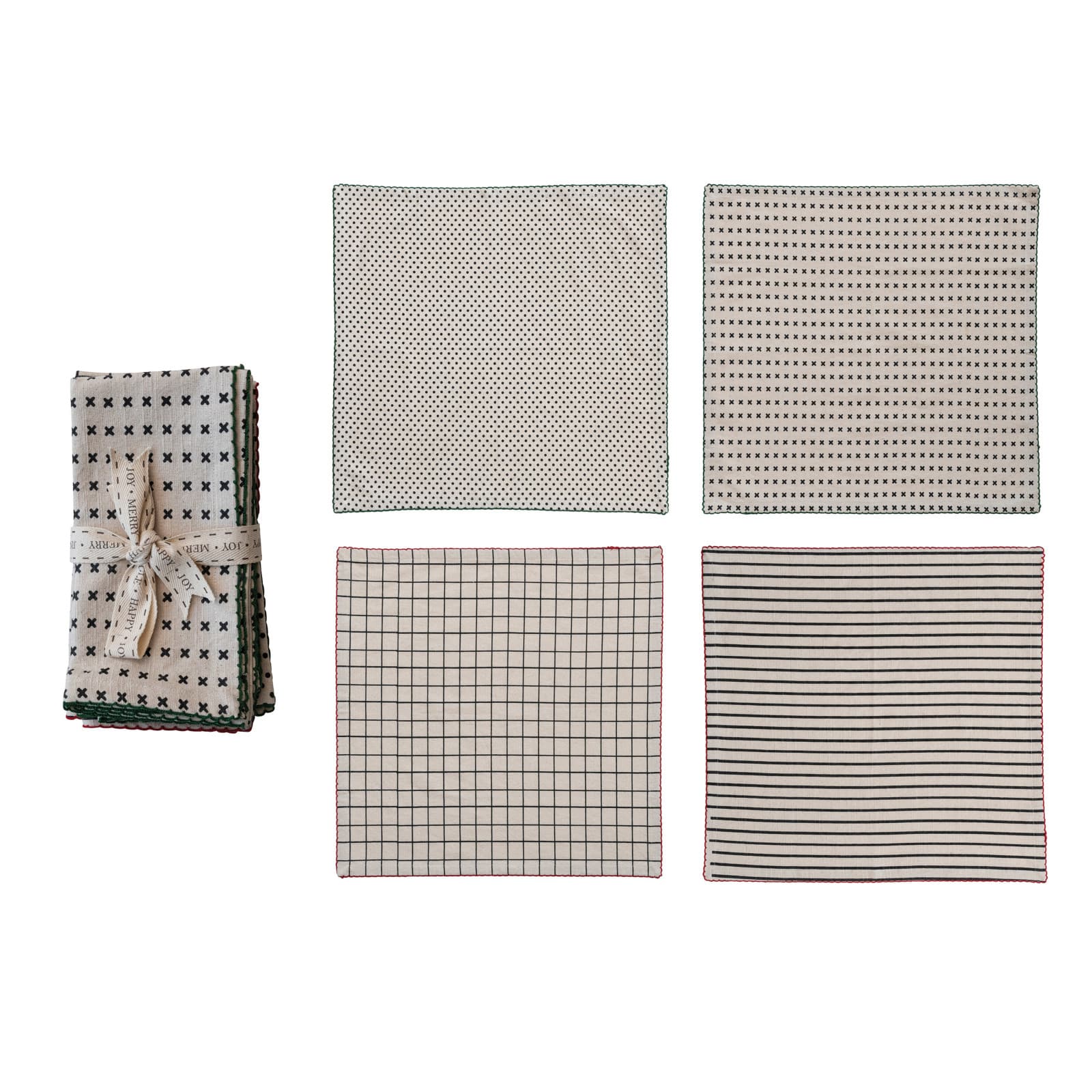 Hello Honey&#xAE; Black &#x26; Natural Mixed Pattern Cotton Fabric Napkin Set with Red &#x26; Green Stitched Edges