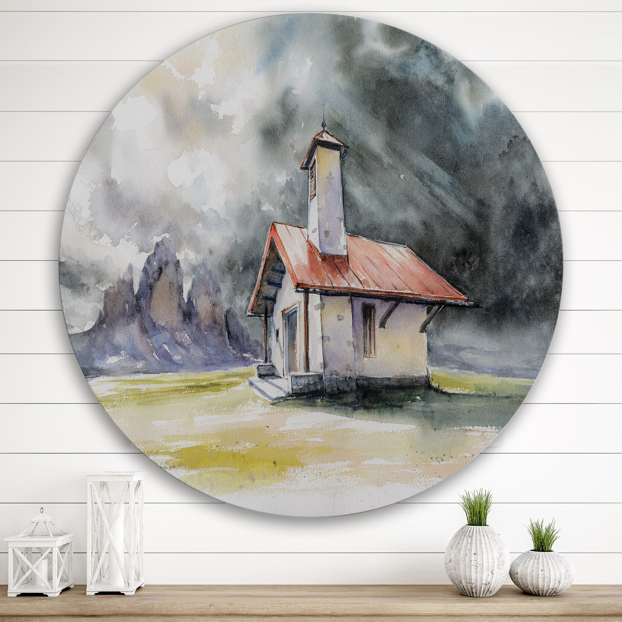 Designart - Rustic House On Mountain Top During Storm - Country Metal Circle Wall Art