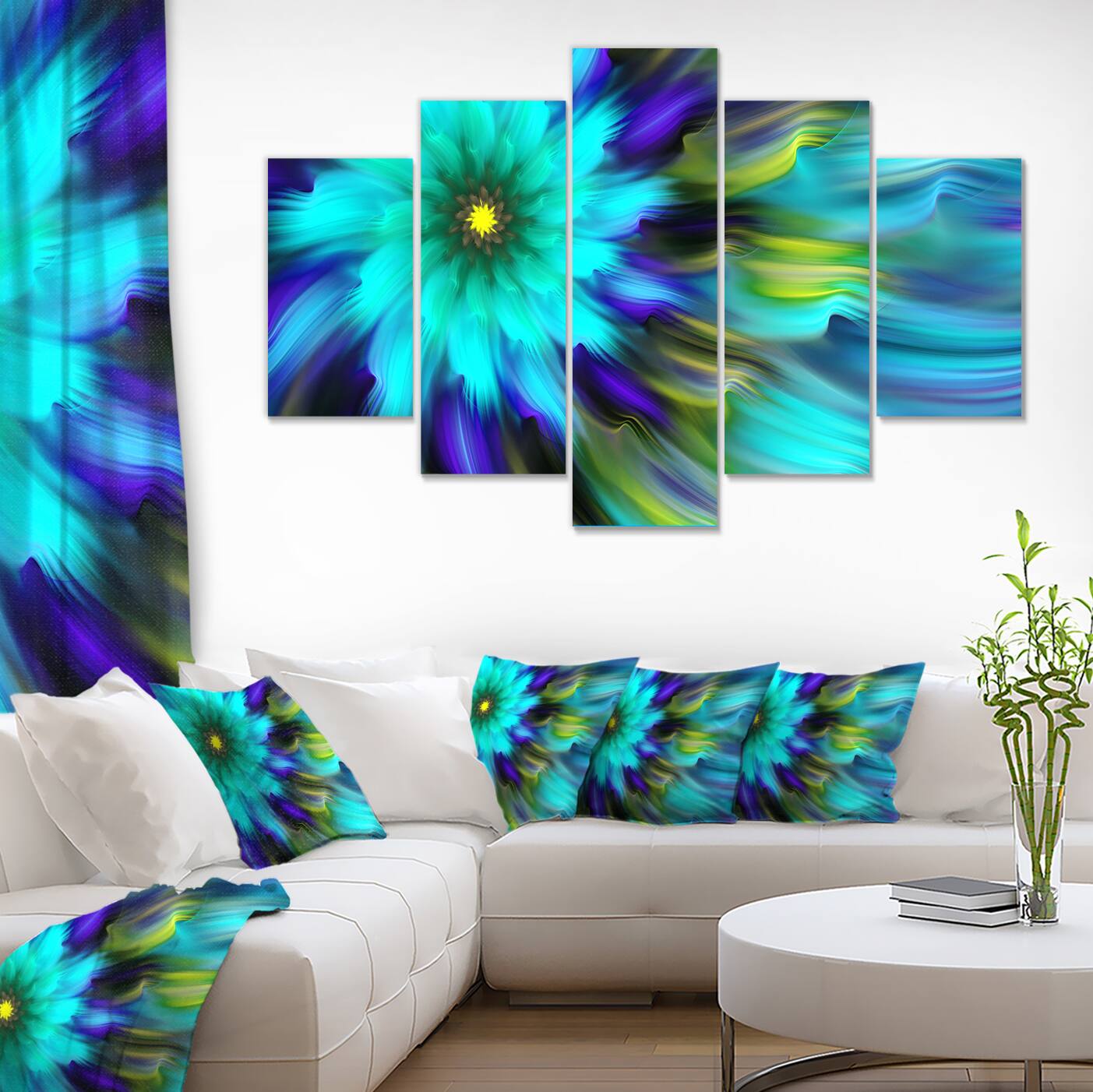 Designart - Massive Blue Green Fractal Flower - Large Floral Canvas Art Print