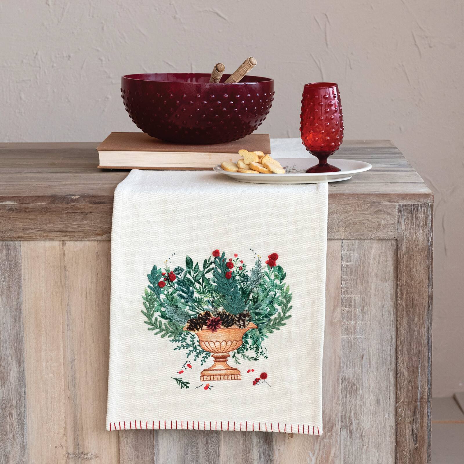 Hello Honey® 72" Hand-Embroidered Flowers in Urn Cotton Canvas Table Runner with Blanket-Stitch Edge