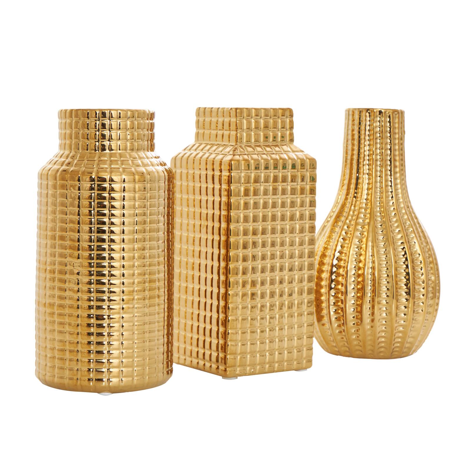 8" Gold Ceramic Geometric Dimensional Textured Vase Set with Grid Patterns