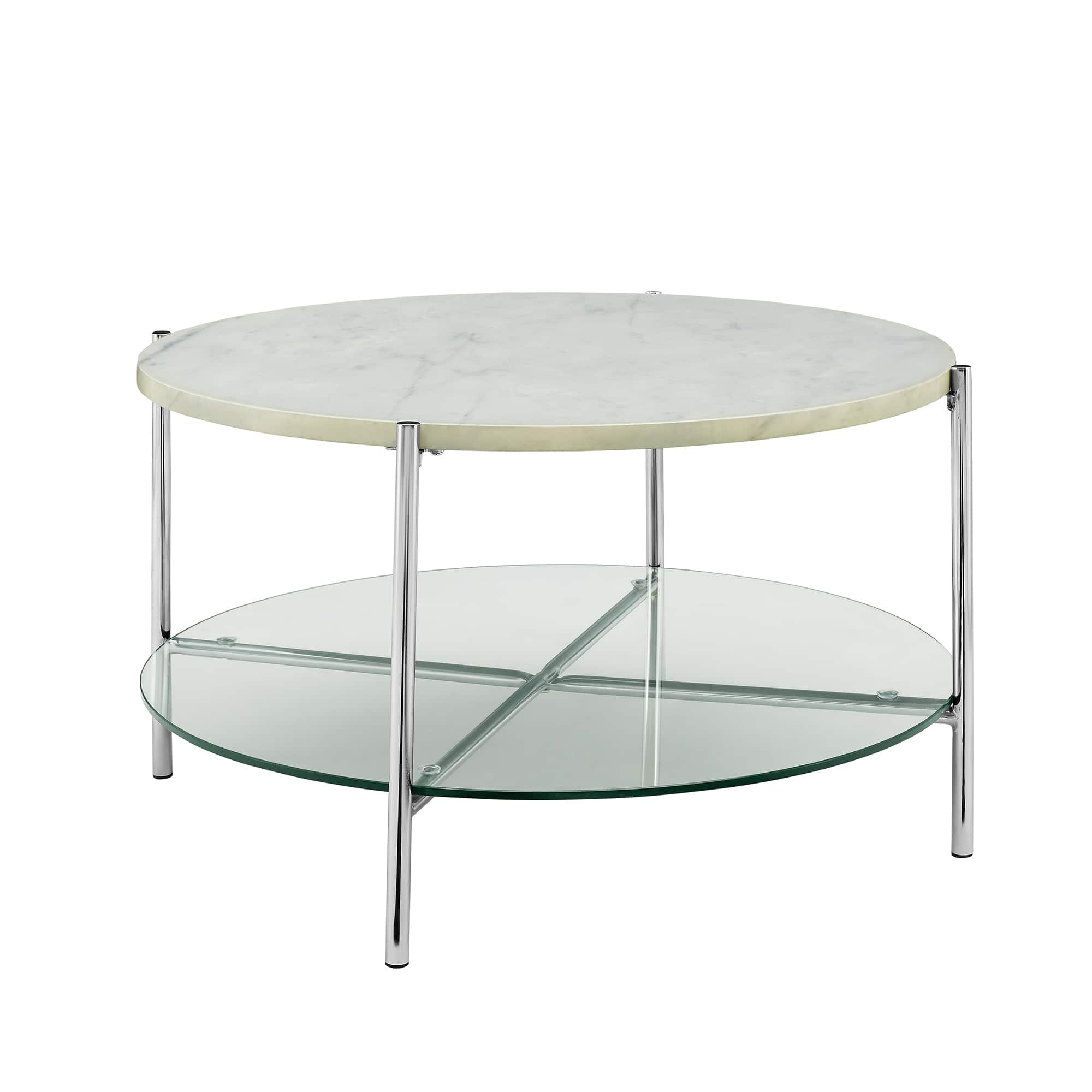 Faux White Marble, Glass & Chrome Modern Round Coffee Table