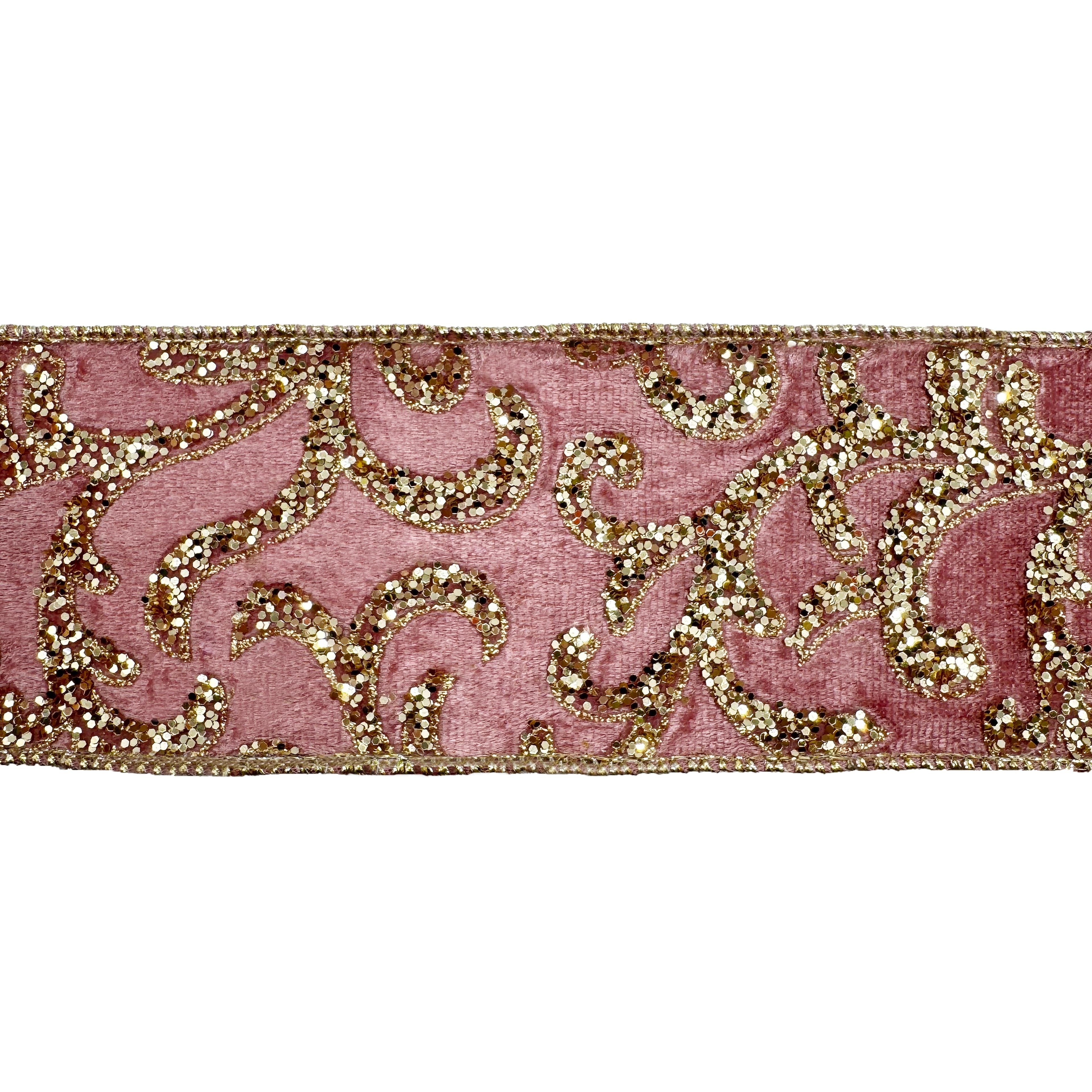 2.5" x 15ft. Blush & Gold Glitter Scroll Wired Velvet Ribbon by Celebrate It®