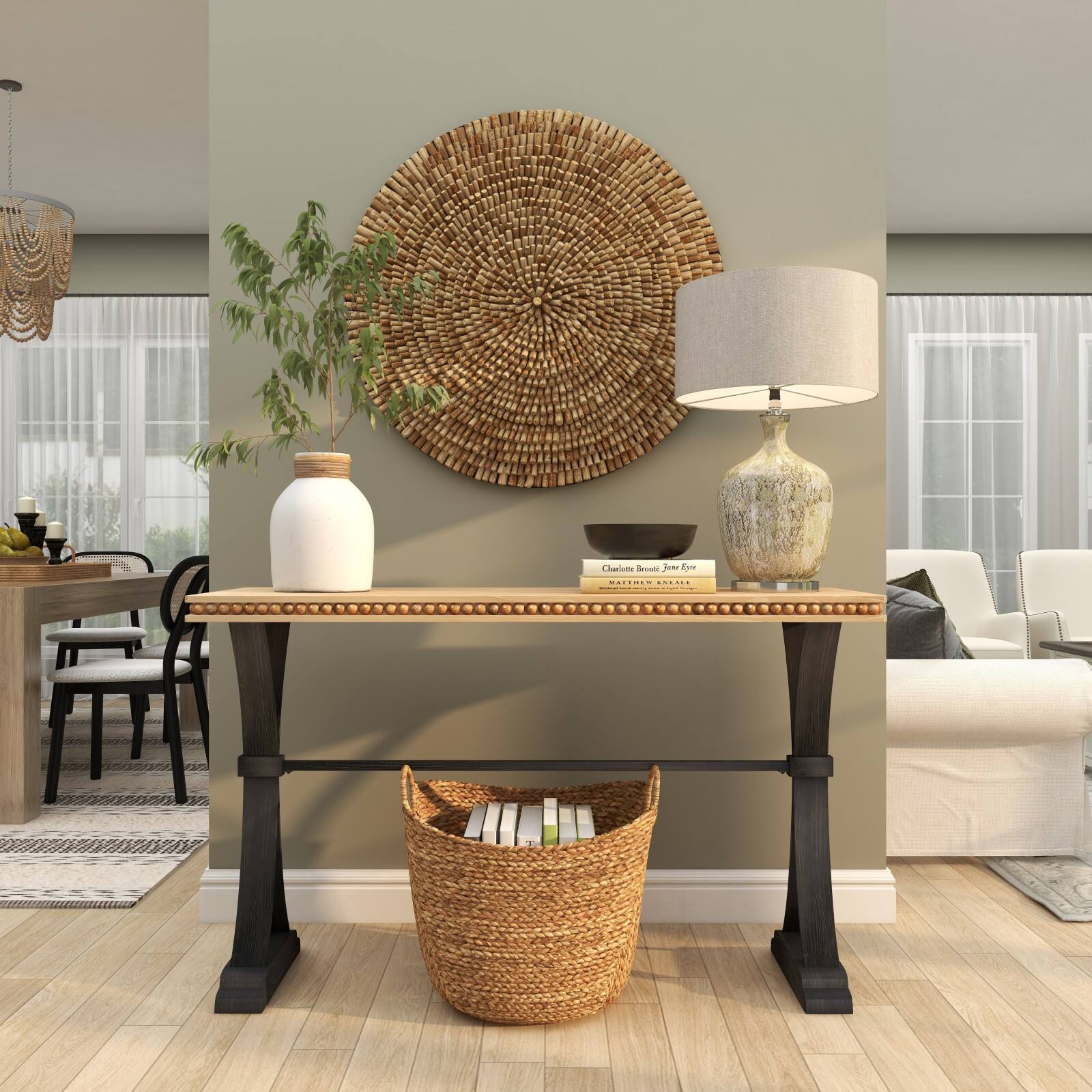 11" White Ceramic Vase with Wrapped Rattan Detailing