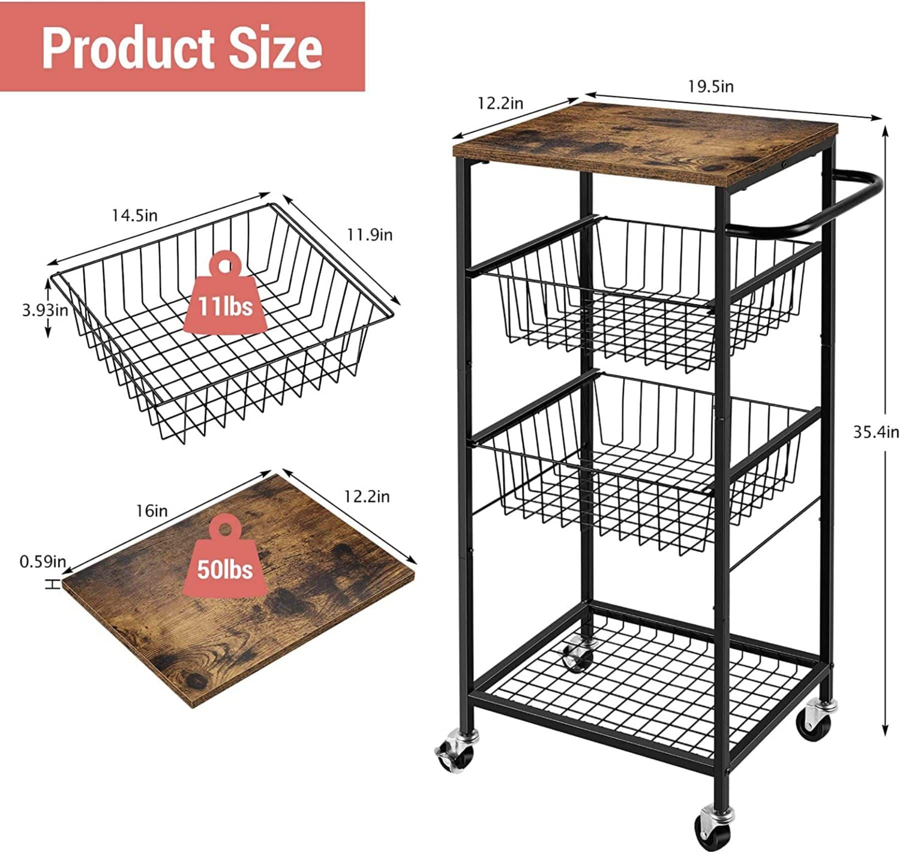 Black 4-Tier Rolling Cart with Storage Basket Shelf