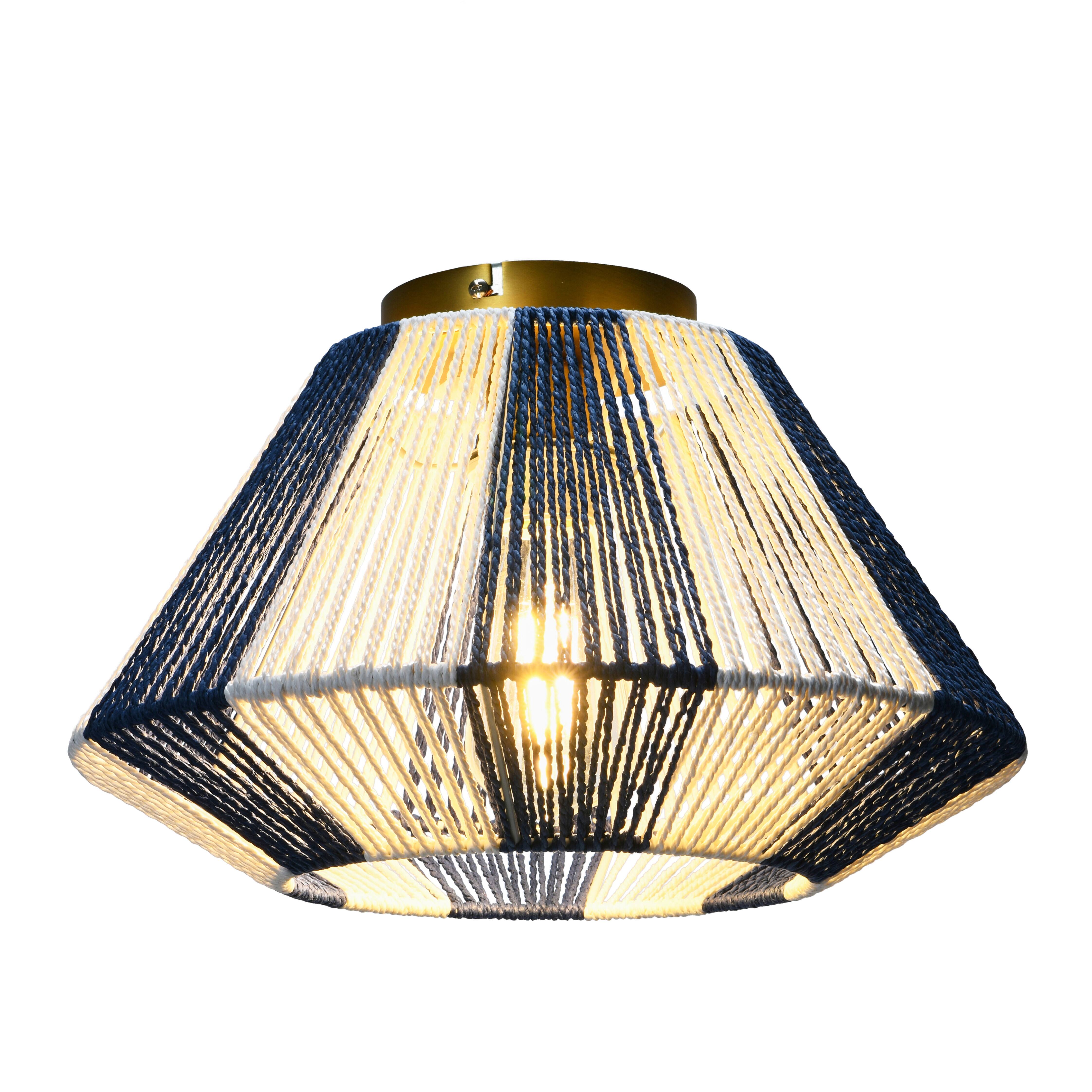 Navy &#x26; White Flush Mount Ceiling Light with Woven Paper Rope Shade