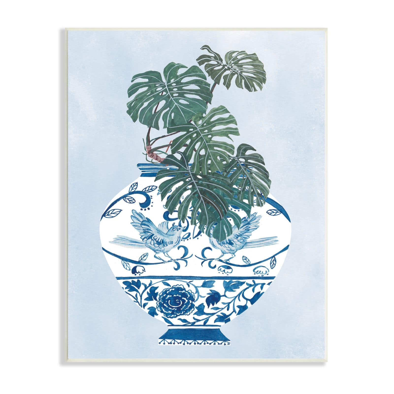 Stupell Industries Monstera Palm Plant Ornate Blue Bird Vase Scene Wall Plaque