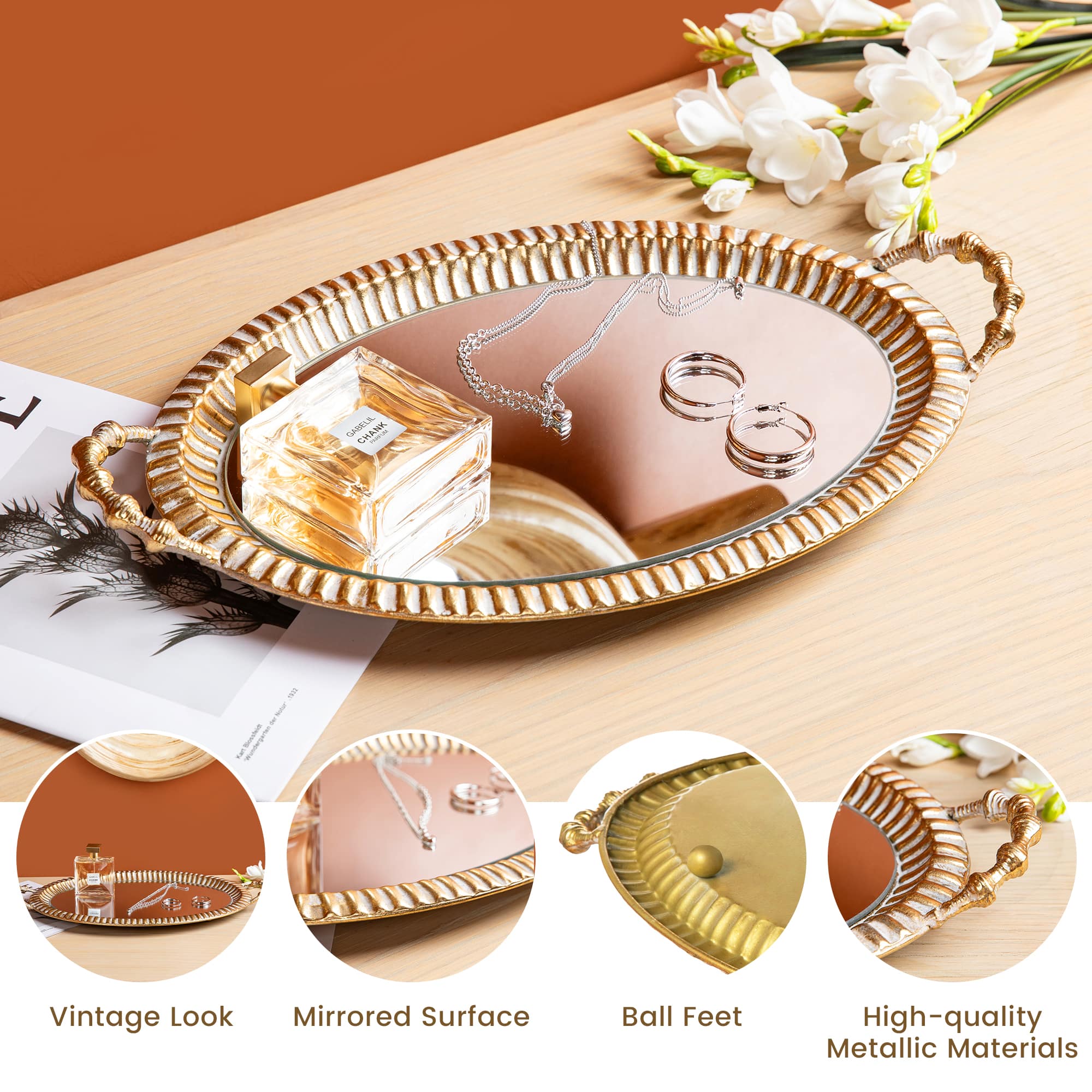 Glitzhome&#xAE; Gold Oval Metal Mirrored Decorative Trays Set