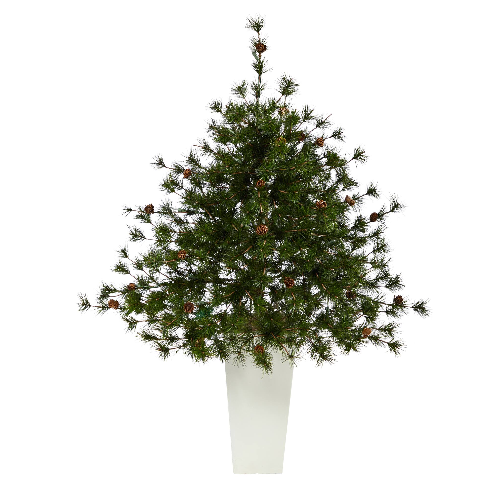 3.5ft. Pre-Lit Colorado Mountain Pine Artificial Christmas Tree in White Tower Planter, Clear Lights
