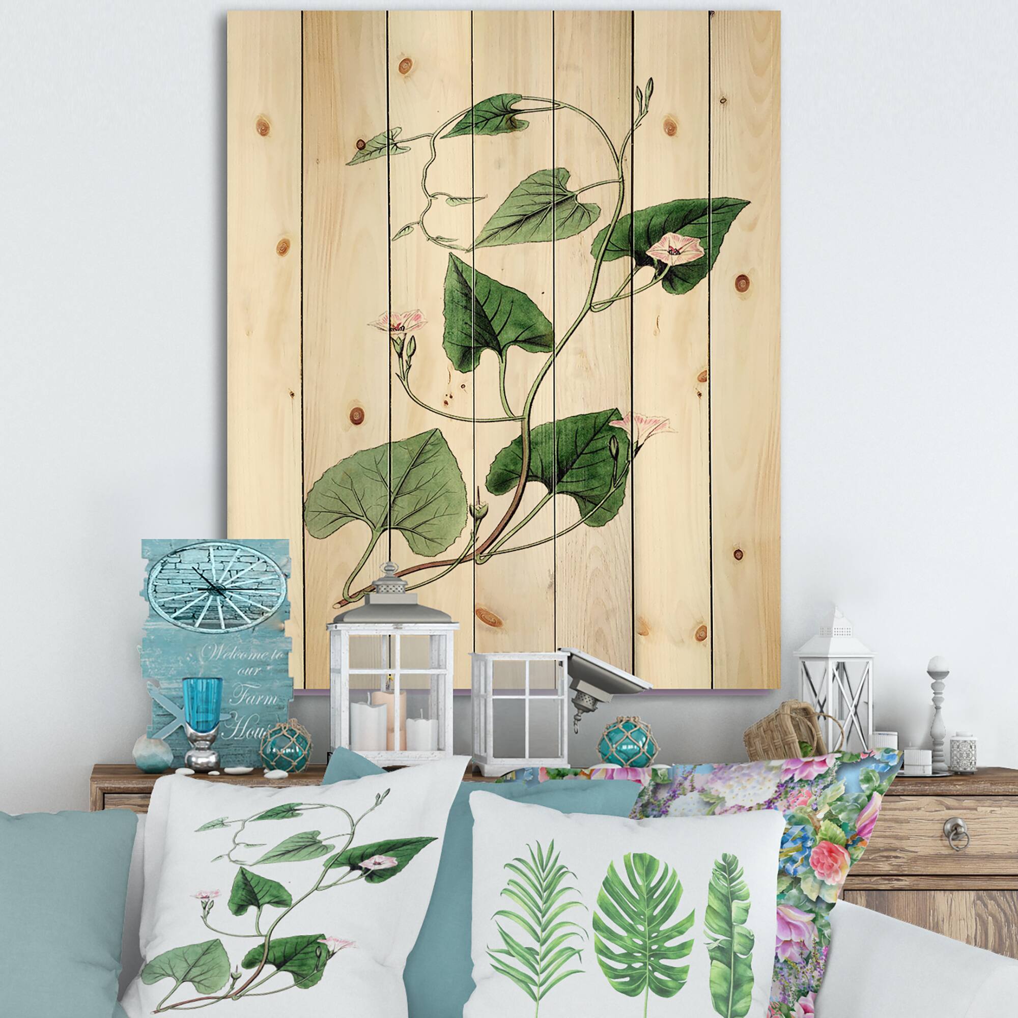 Designart - Vintage Green Leaves Plants IX - Traditional Print on Natural Pine Wood