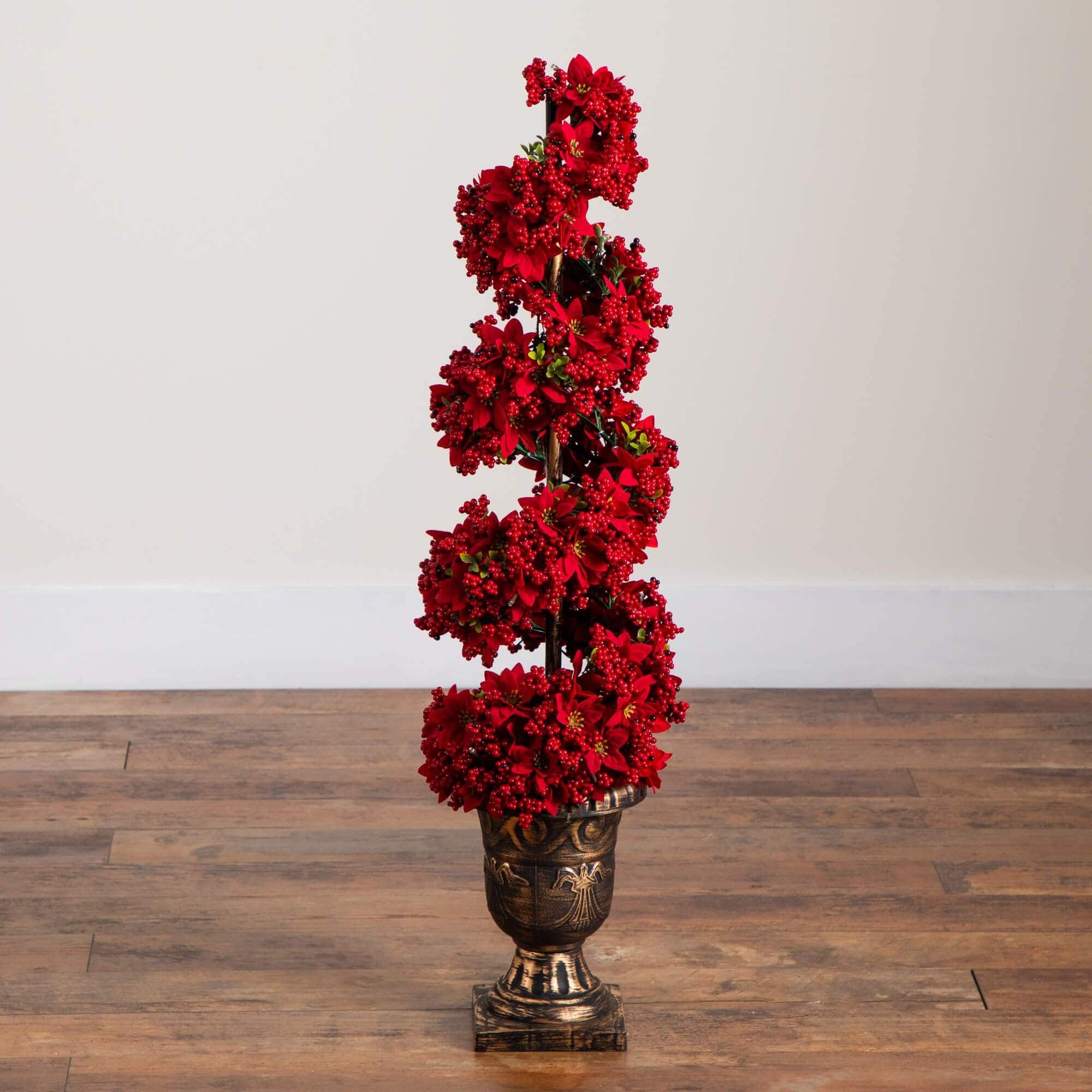 3ft. Pre-Lit Artificial Christmas Poinsettias and Berries Spiral Topiary Tree with 30 Warm White LED Lights
