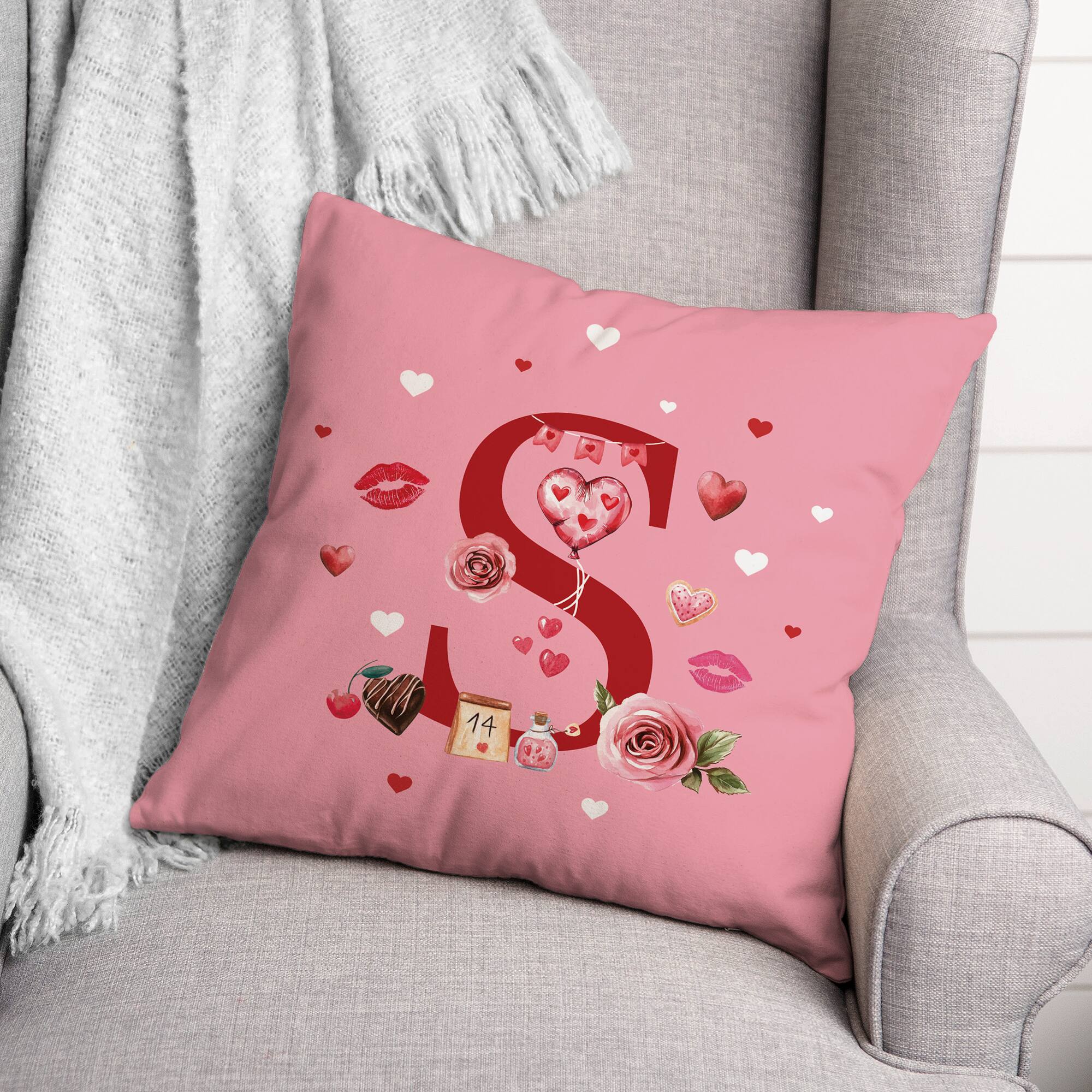 18" Valentines Day Icons S Monogram Accent Pillow