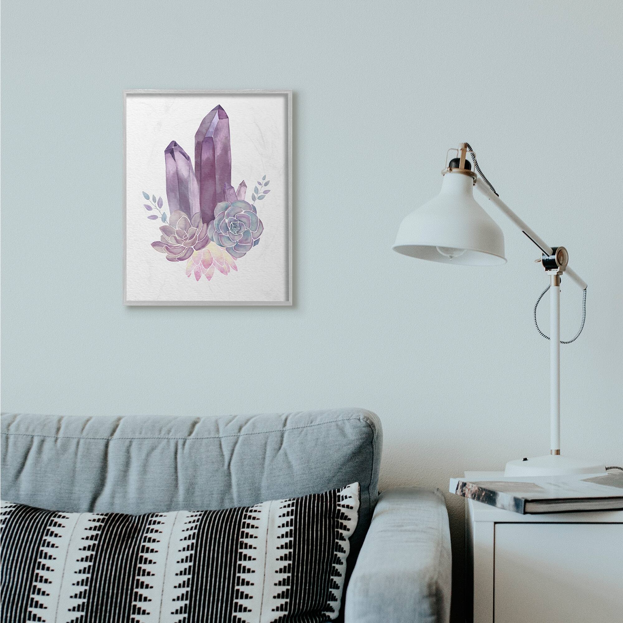 Stupell Industries Succulent Crystal Flower Purple Blue Watercolor Painting in Gray Frame Wall Art