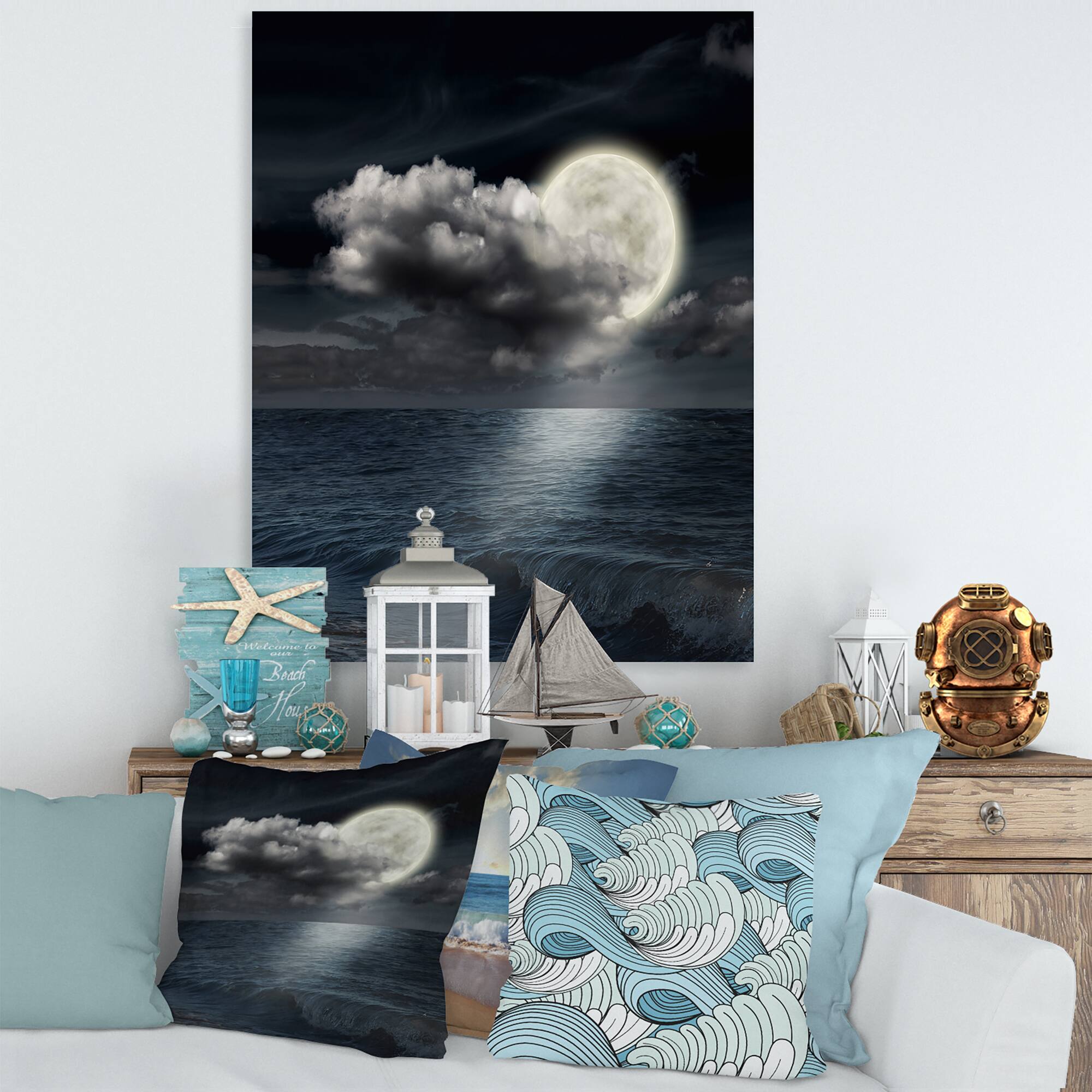 Designart - Full Moon In Cloudy Night Sky VI - Nautical &#x26; Coastal Canvas Wall Art Print