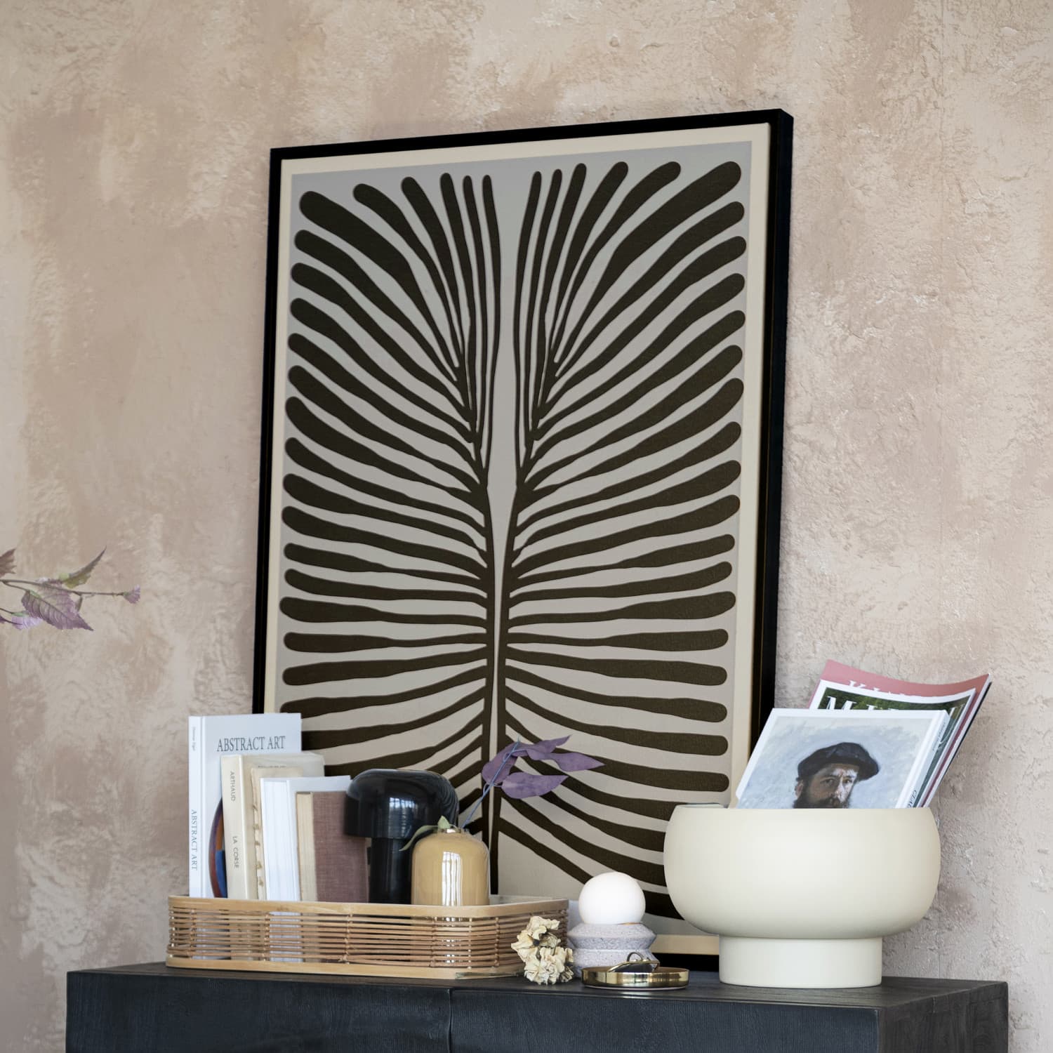 36.5&#x22; Black &#x26; Cream Abstract Lines Framed Wall Decoration