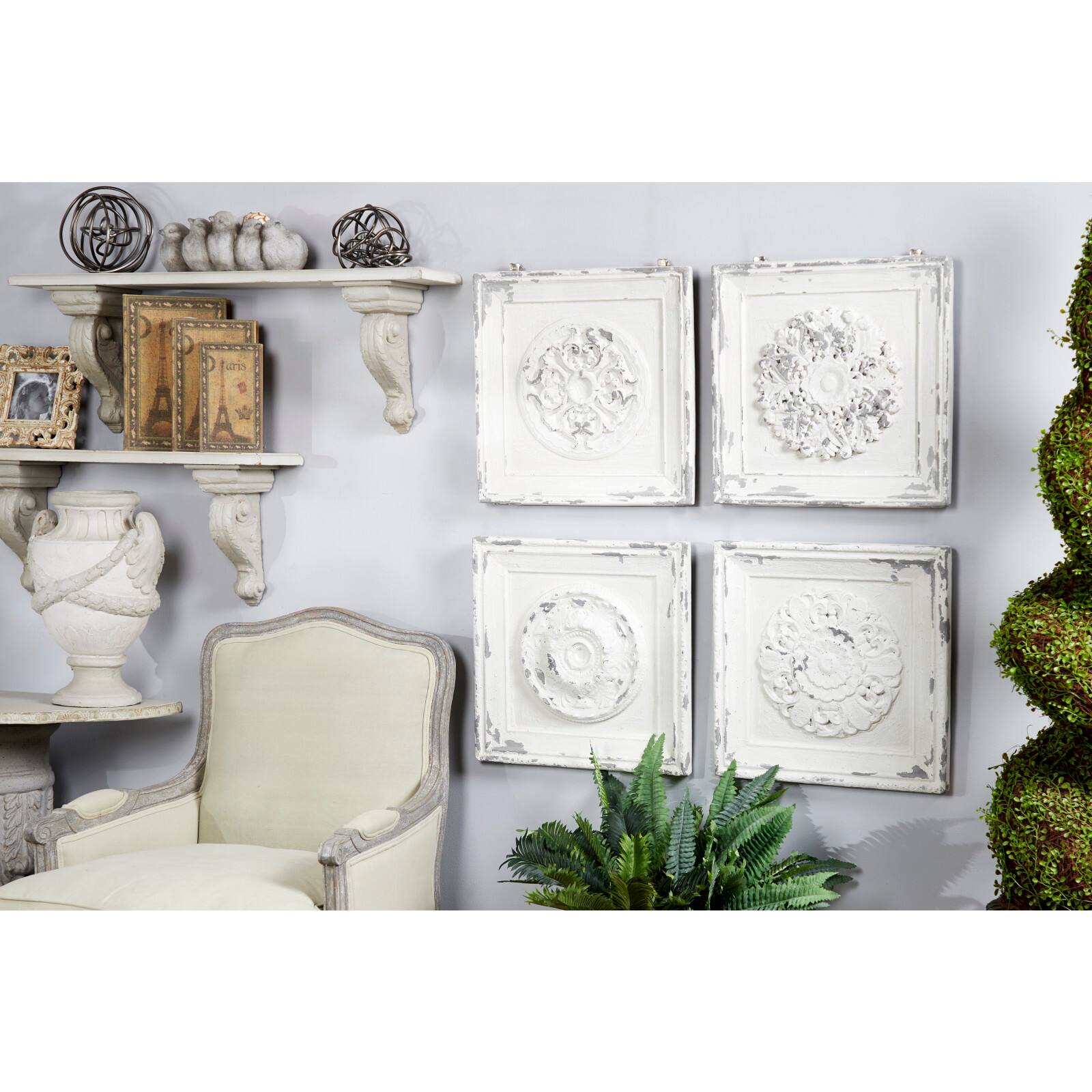 Set of 4 White Fiberglass Vintage Floral Wall Decor, 19&#x22; x 19&#x22;