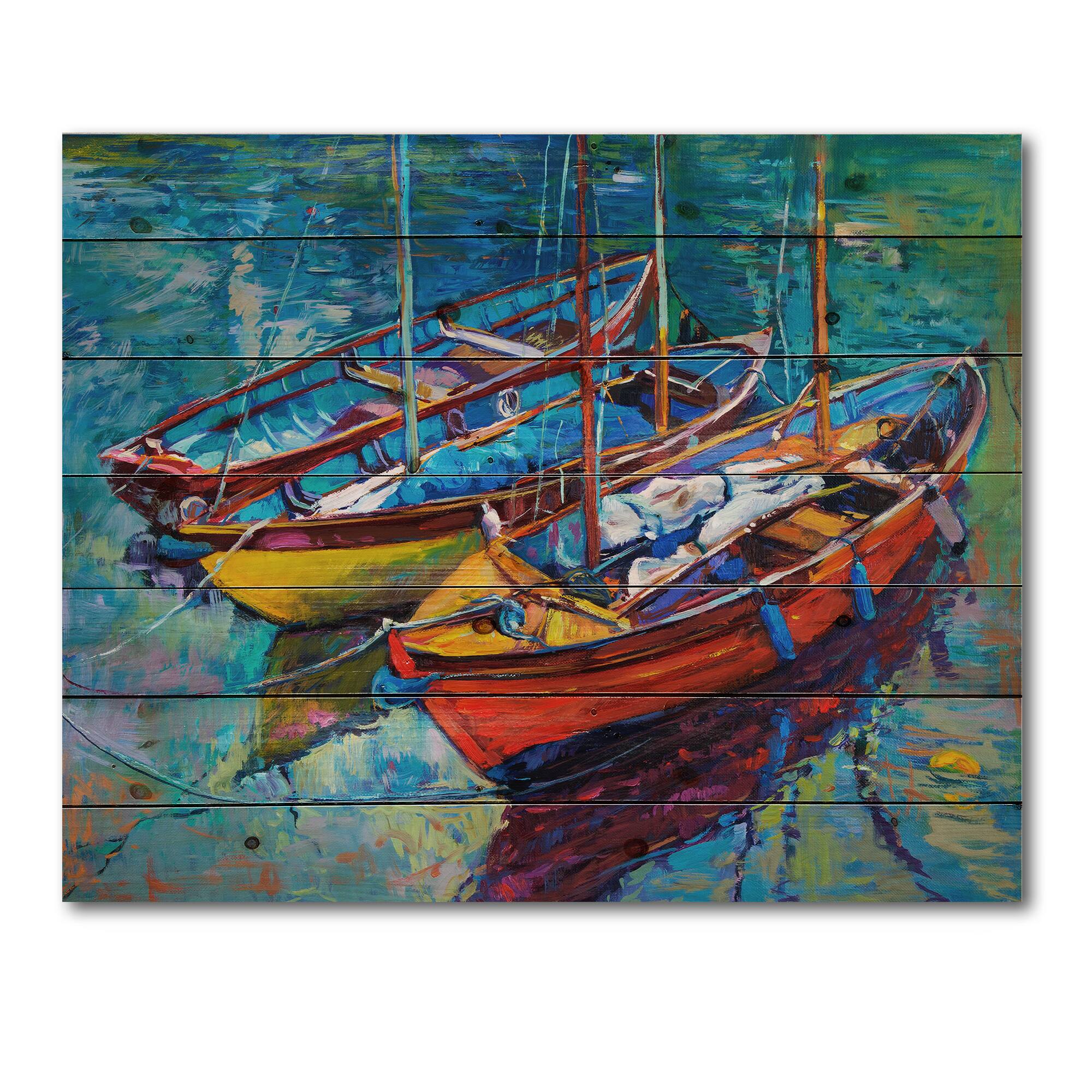 Designart - Three Boats In The Harbor - Nautical &#x26; Coastal Print on Natural Pine Wood