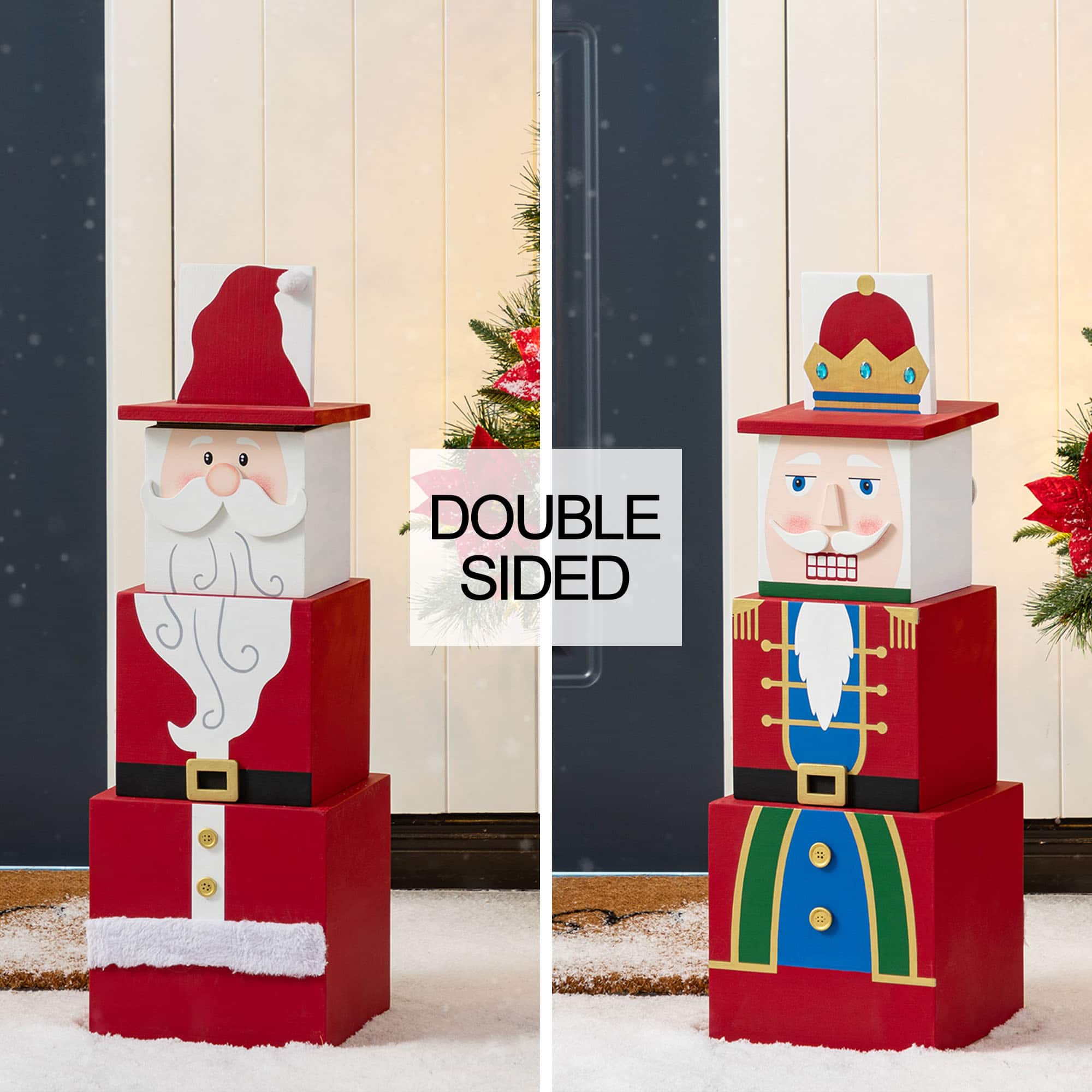 Glitzhome&#xAE; 24.5&#x22; Christmas Wood Santa and Nutcracker Reversible Boxed Porch Decor