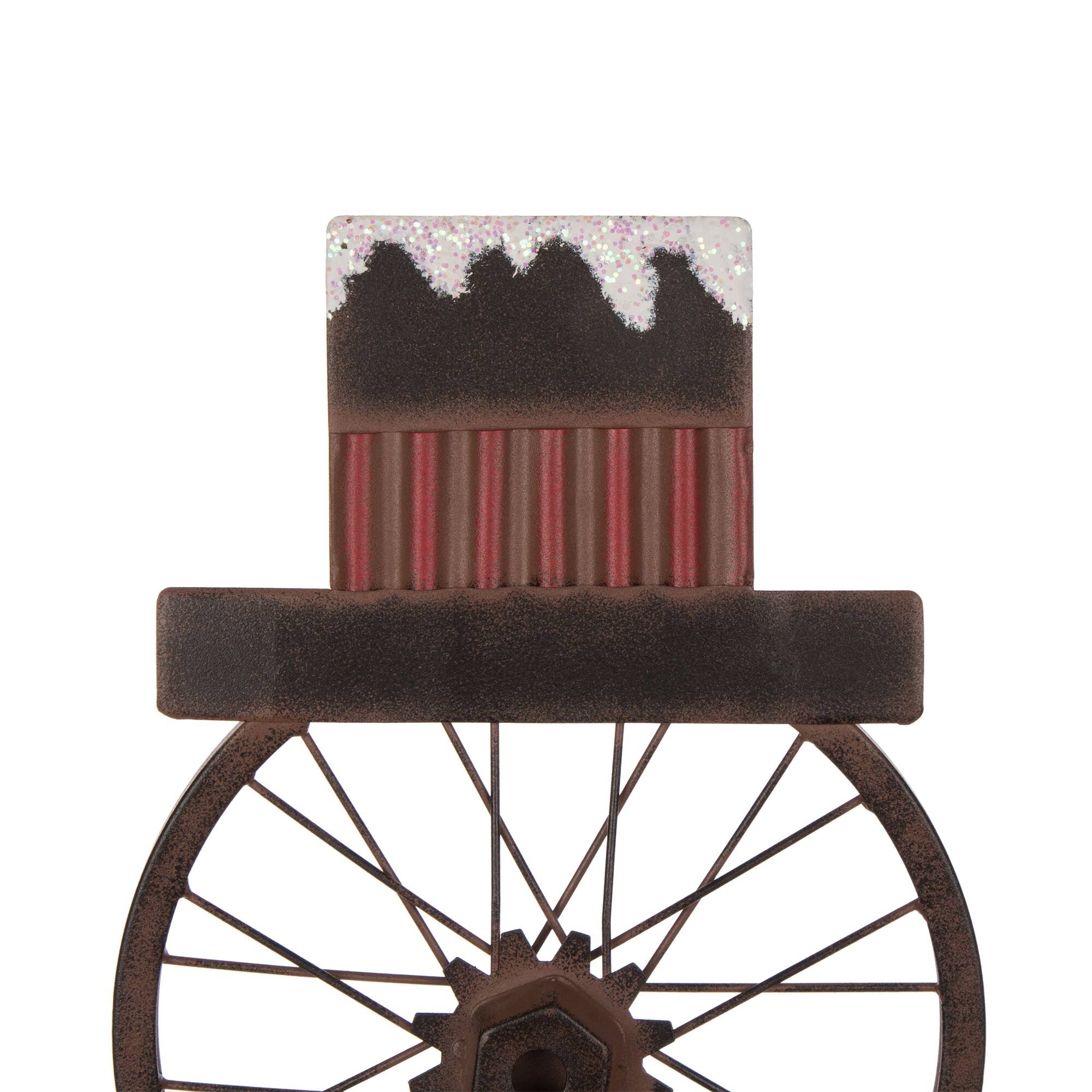 Glitzhome&#xAE; 34&#x22; Metal Bike Wheel Snowman with Plaid Scarf Porch D&#xE9;cor