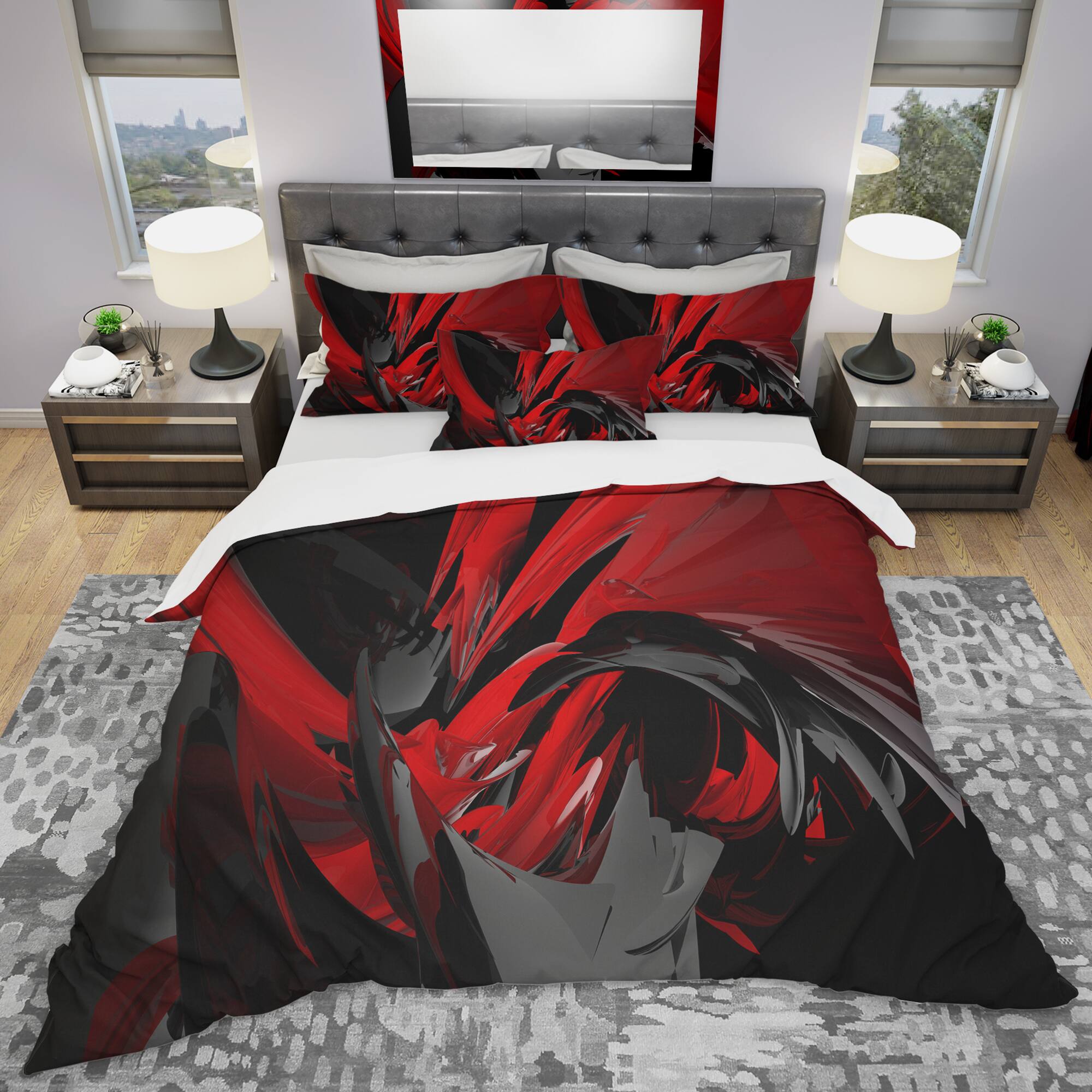 Designart Red &#x26; Gray Mixer Modern &#x26; Contemporary Duvet Cover &#x26; Shams Bedding Set
