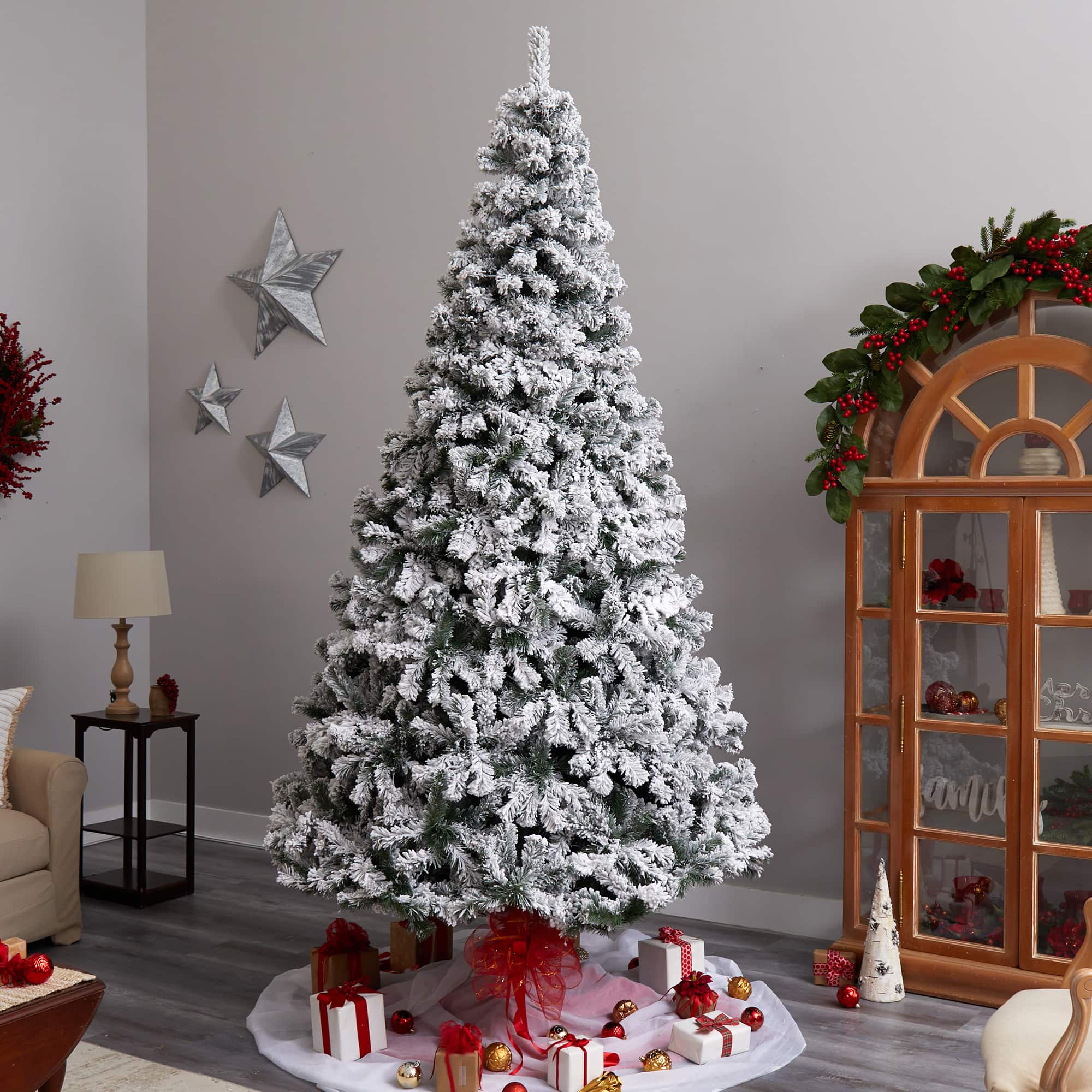 9ft. Pre-Lit Flocked West Virginia Fir Artificial Christmas Tree, Clear LED Lights